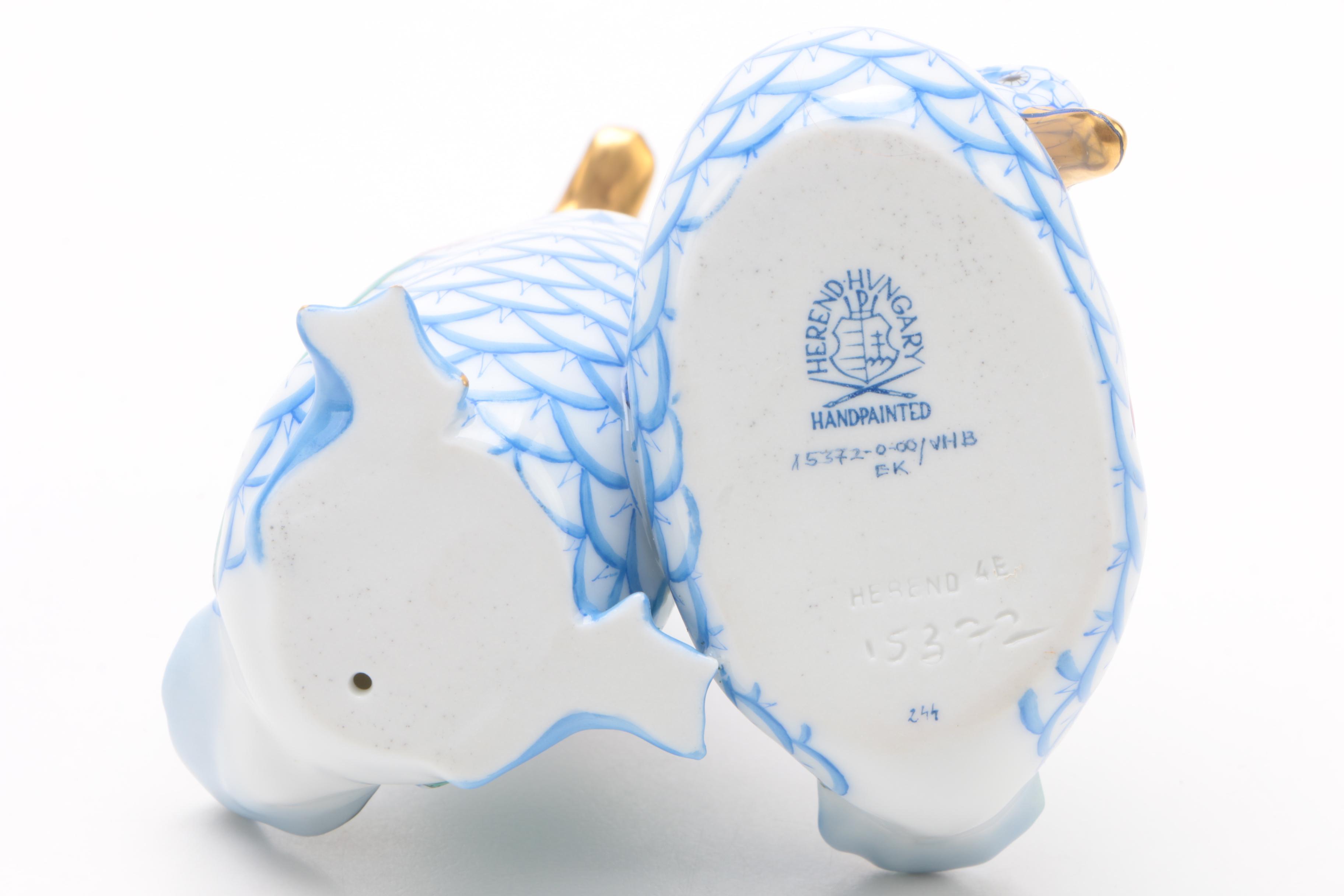 Herend "Pair of Ducks" Hand-Painted Porcelain Figurines in Blue