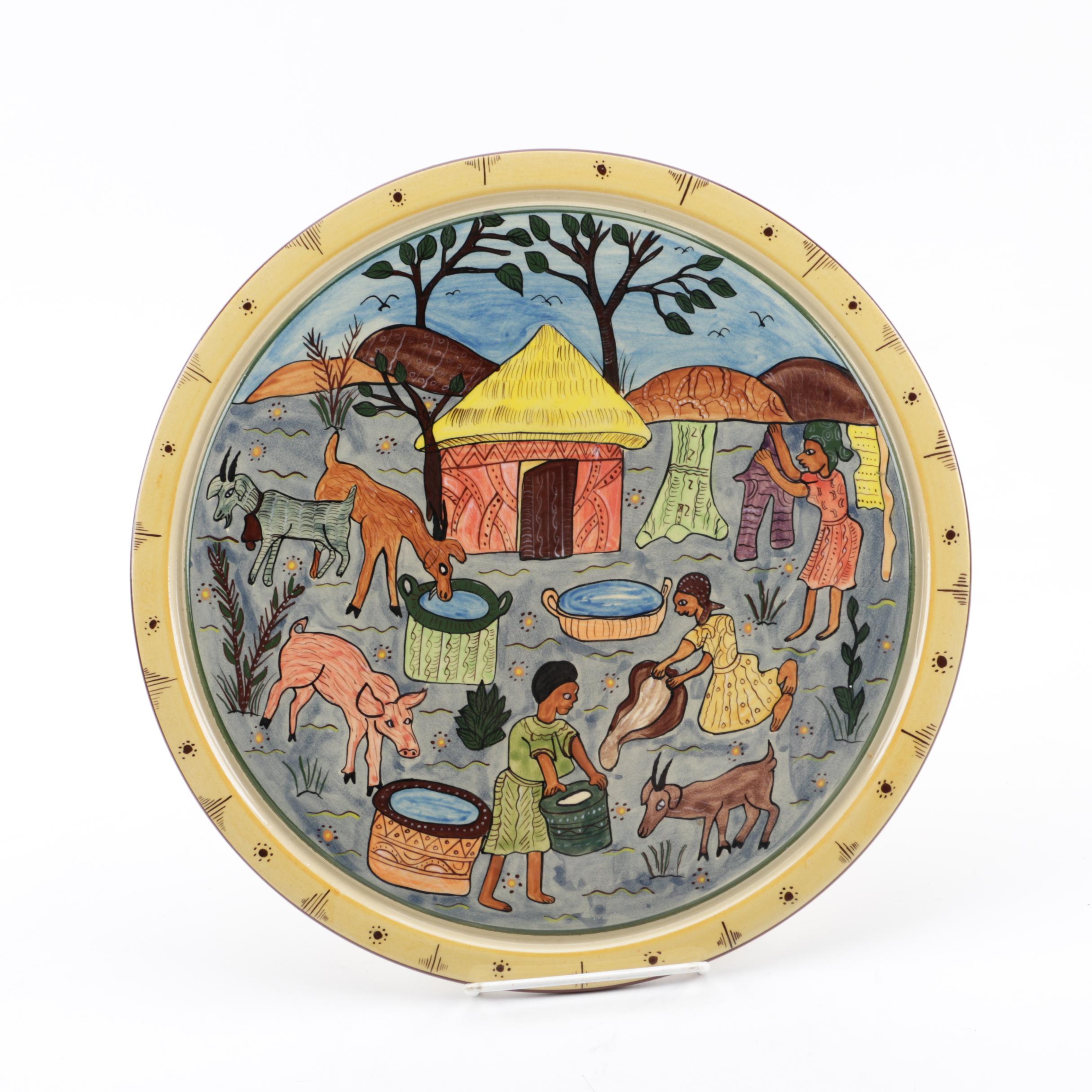 Zimbabwean Hand-Painted "Rural Life" Ceramic Charger by Jonathan