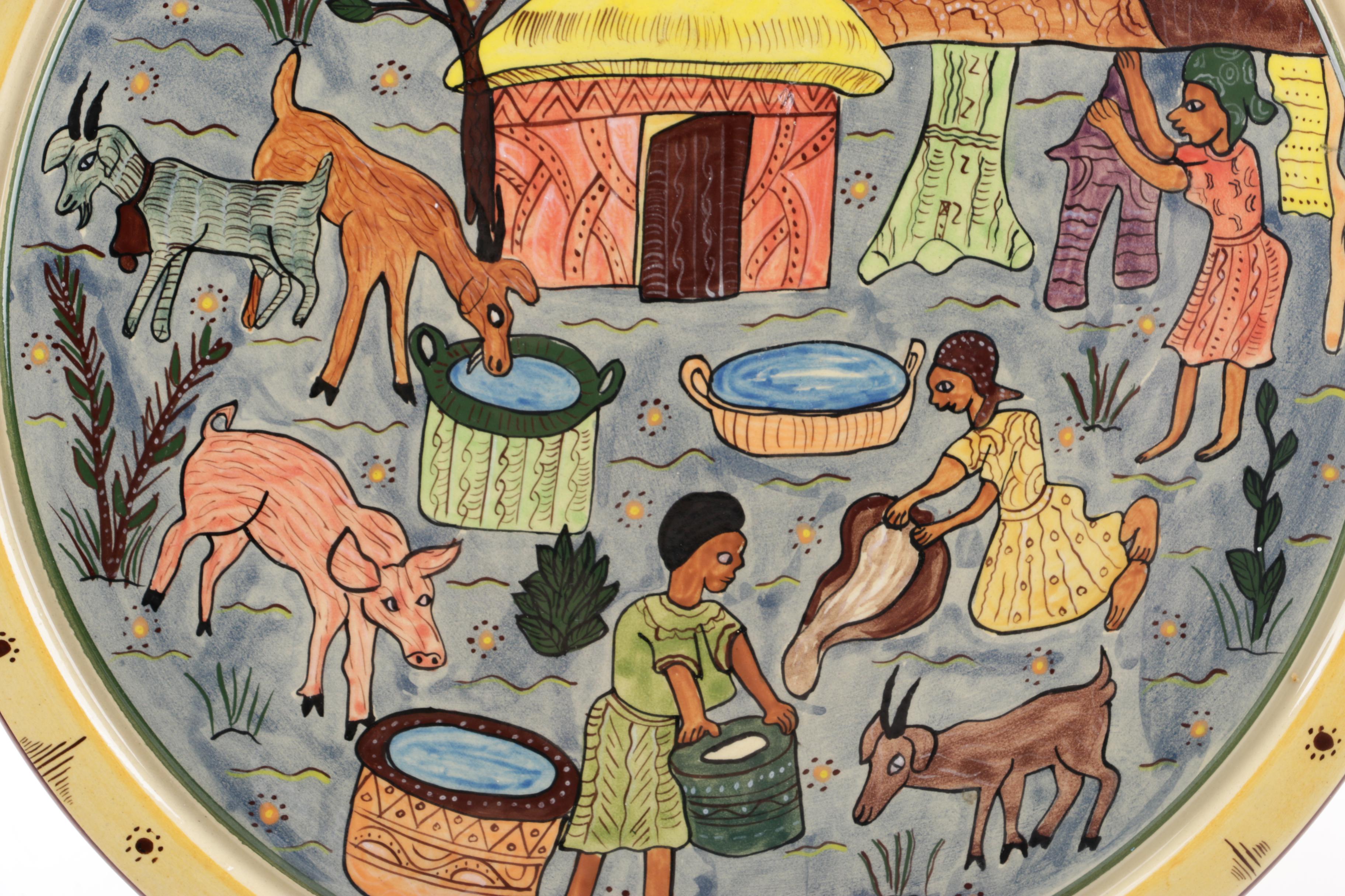 Zimbabwean Hand-Painted "Rural Life" Ceramic Charger by Jonathan