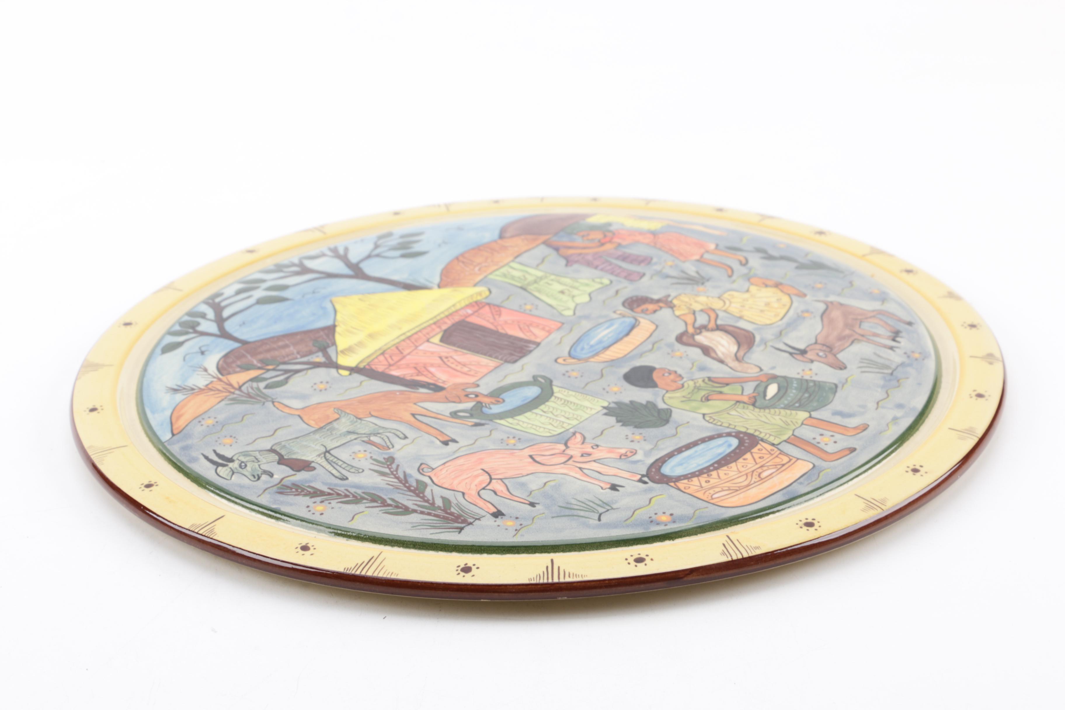 Zimbabwean Hand-Painted "Rural Life" Ceramic Charger by Jonathan