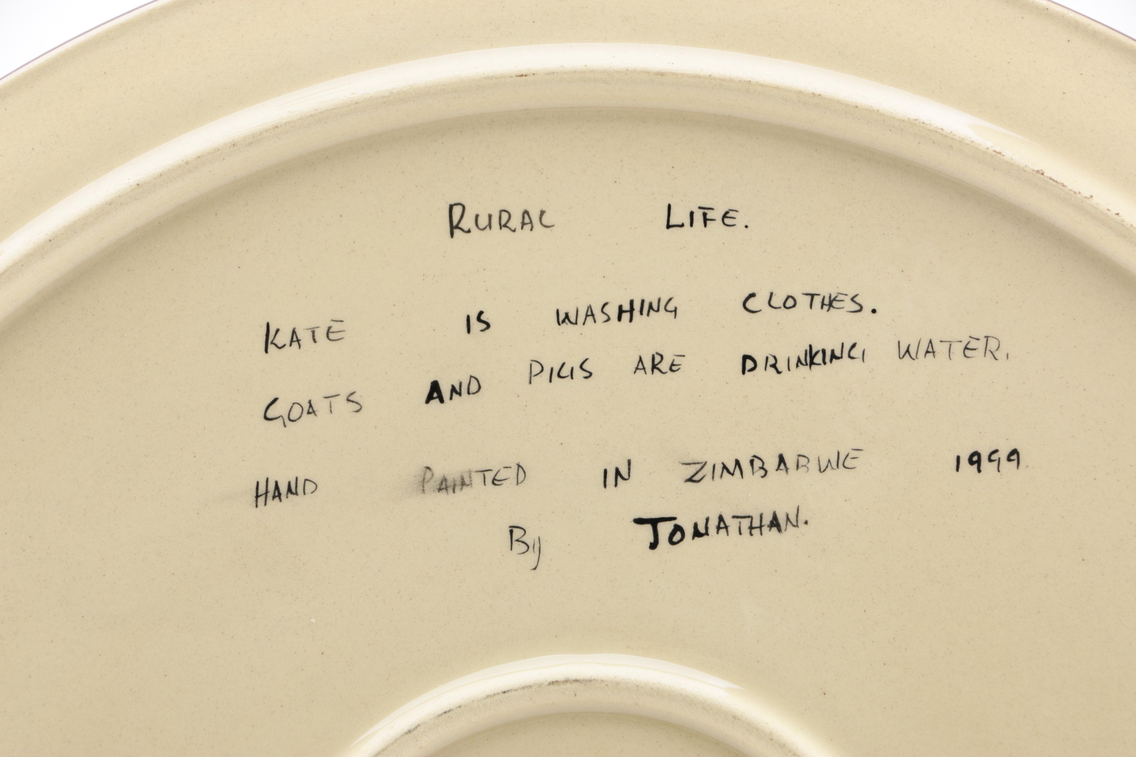 Zimbabwean Hand-Painted "Rural Life" Ceramic Charger by Jonathan