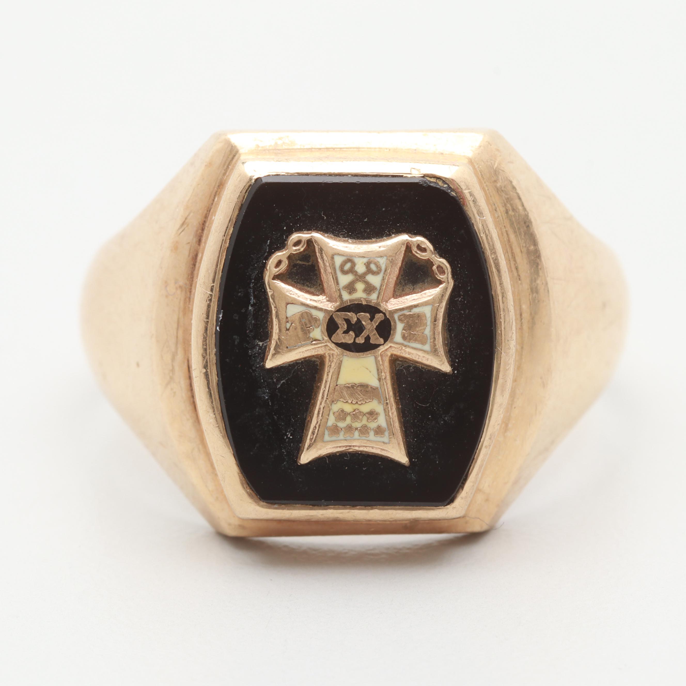 10K Yellow Gold Black Onyx and Enamel Sigma Chi Fraternity Ring