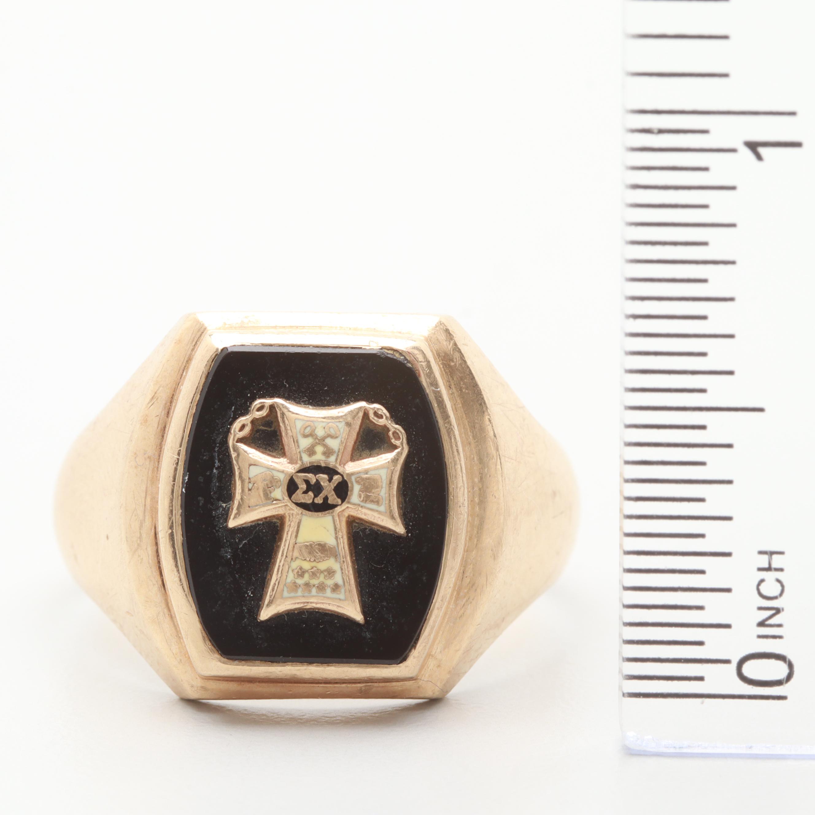 10K Yellow Gold Black Onyx and Enamel Sigma Chi Fraternity Ring