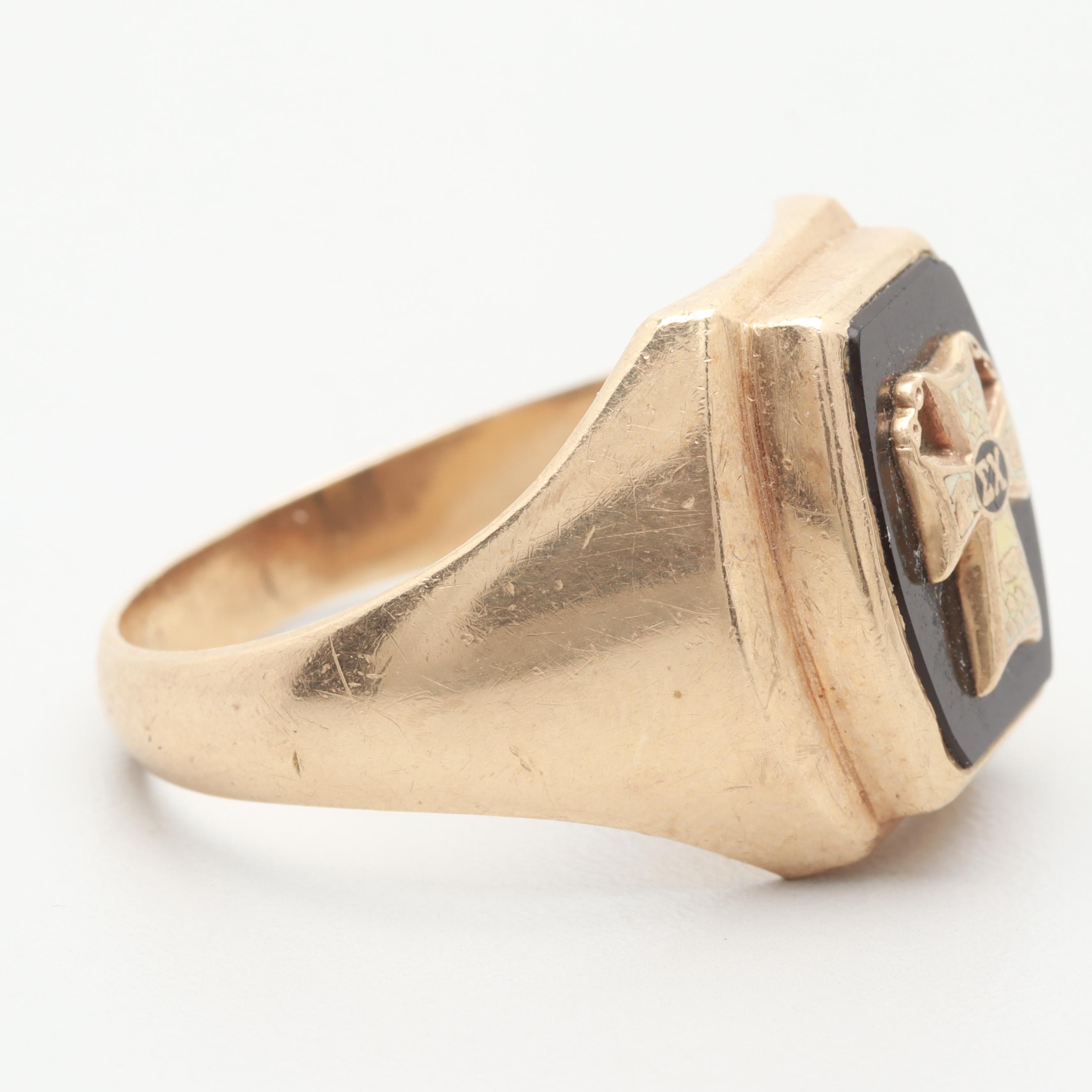 10K Yellow Gold Black Onyx and Enamel Sigma Chi Fraternity Ring