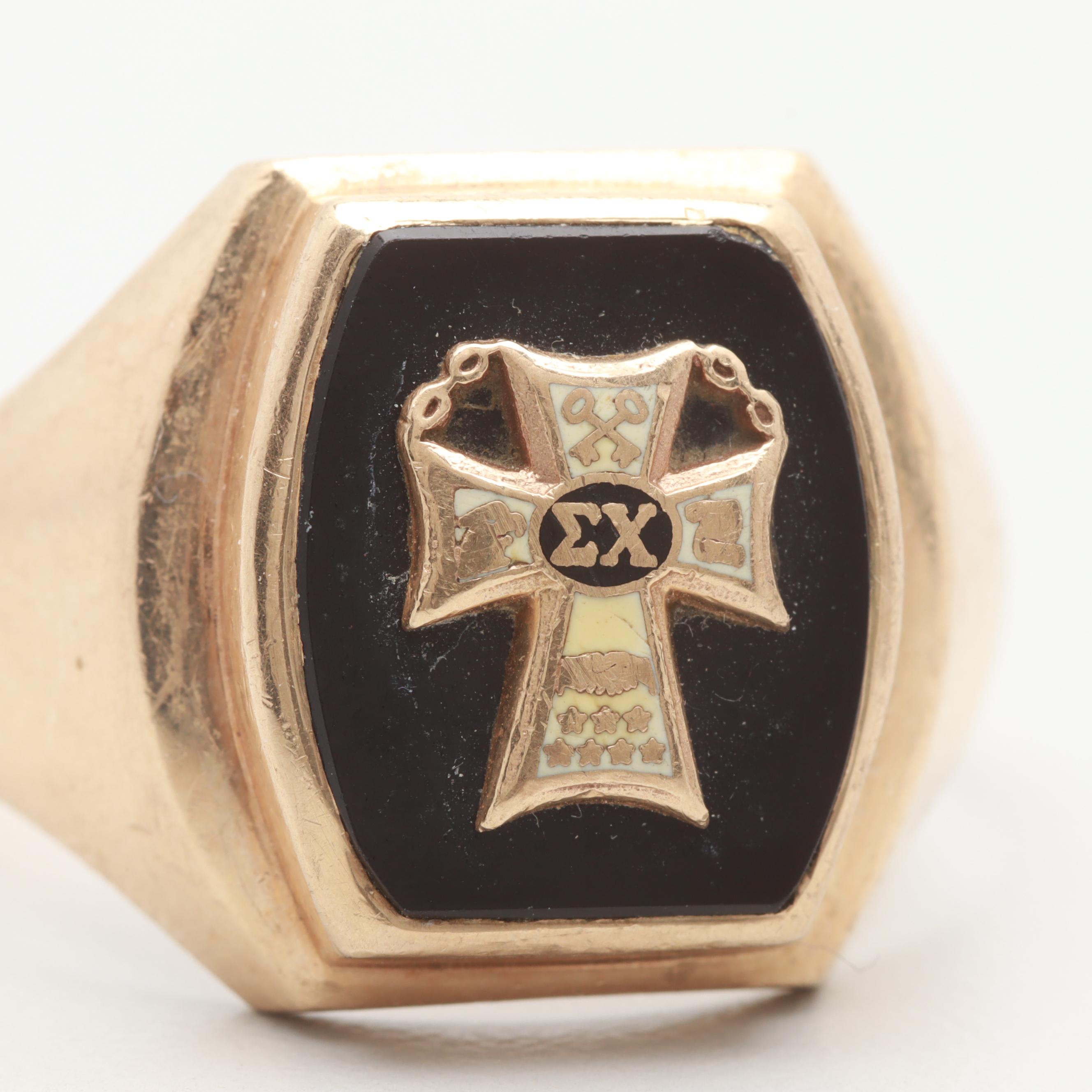 10K Yellow Gold Black Onyx and Enamel Sigma Chi Fraternity Ring