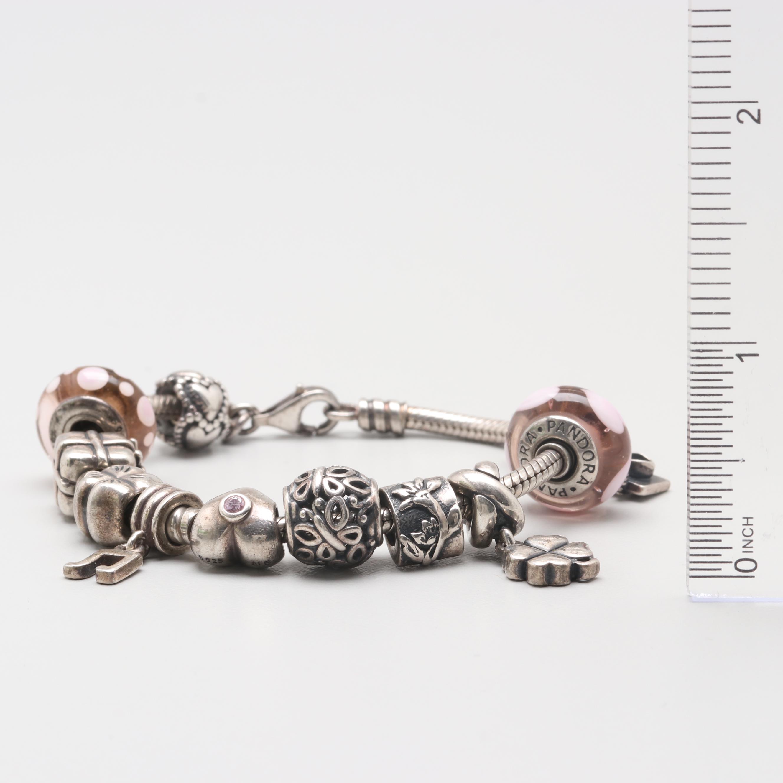 Sterling Silver Cubic Zirconia & Glass Barrel Charm Bracelet with Pandora Charms