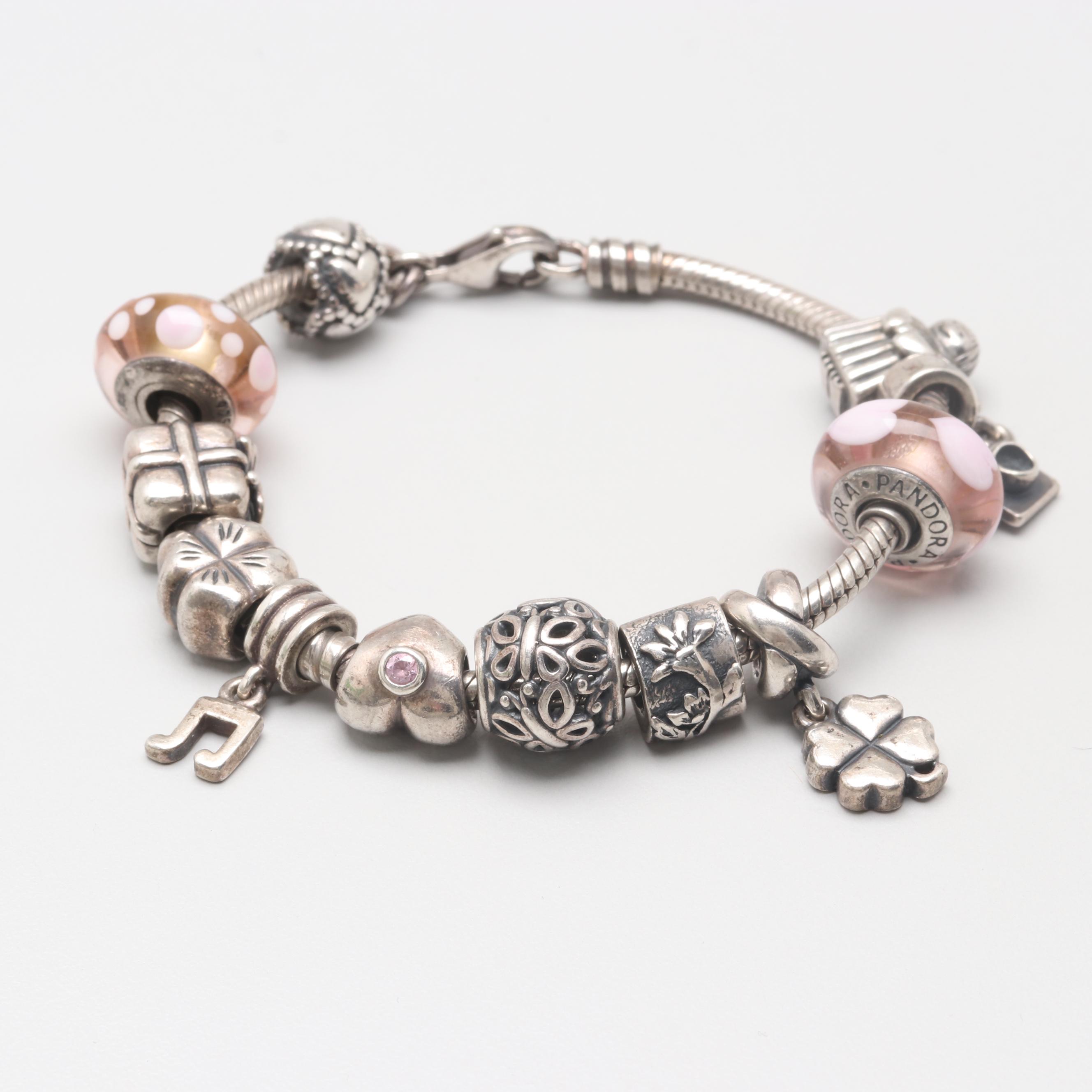 Sterling Silver Cubic Zirconia & Glass Barrel Charm Bracelet with Pandora Charms