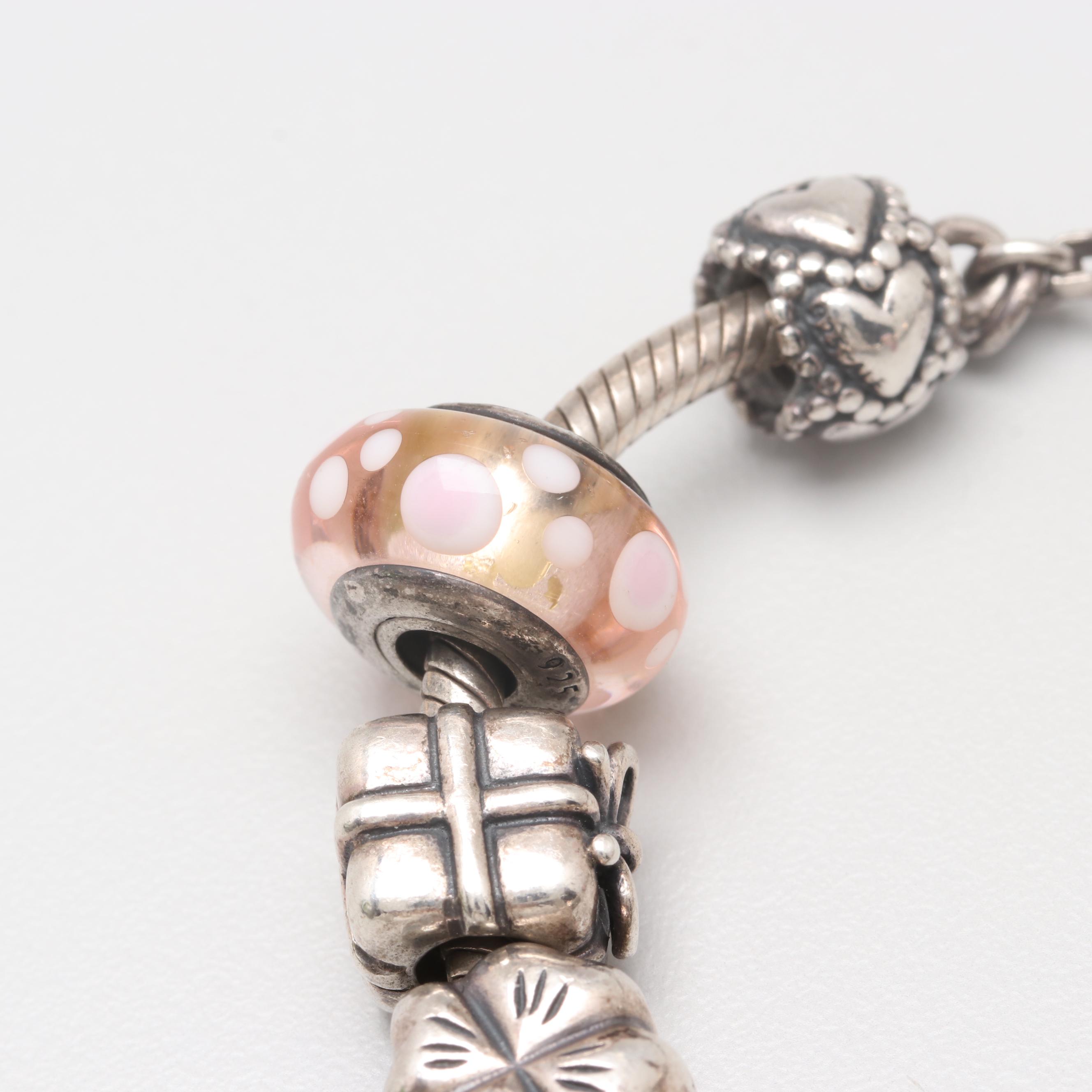 Sterling Silver Cubic Zirconia & Glass Barrel Charm Bracelet with Pandora Charms