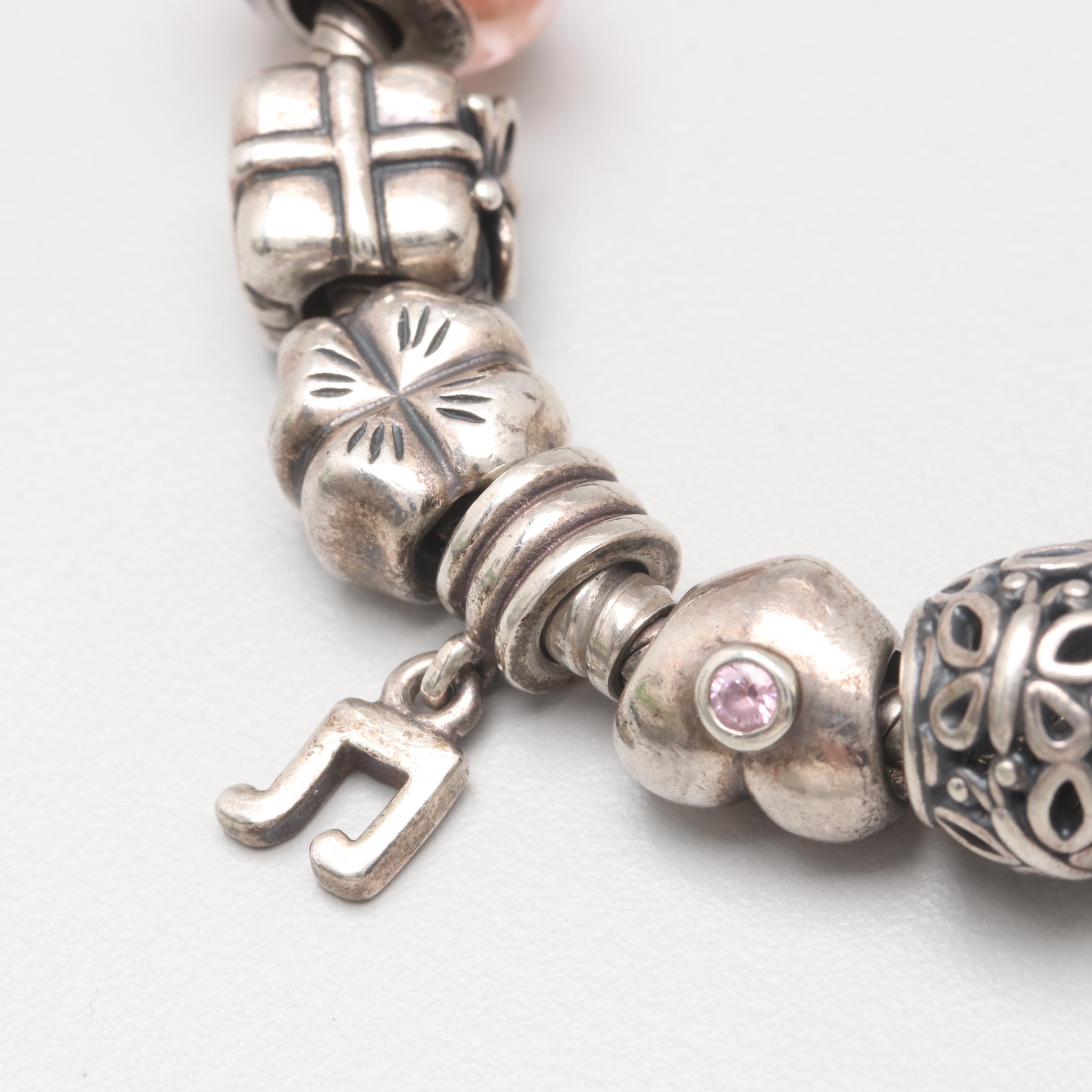 Sterling Silver Cubic Zirconia & Glass Barrel Charm Bracelet with Pandora Charms