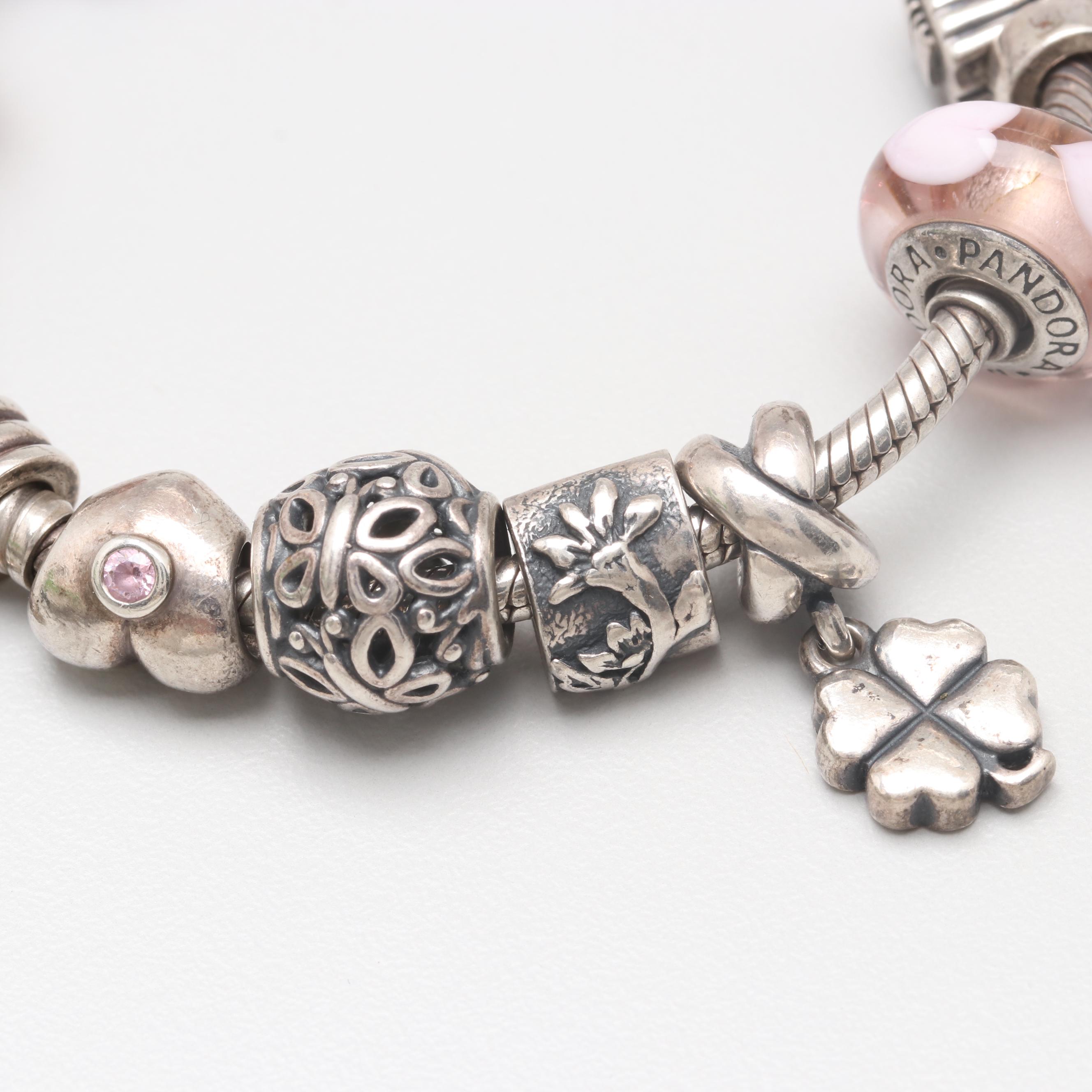 Sterling Silver Cubic Zirconia & Glass Barrel Charm Bracelet with Pandora Charms