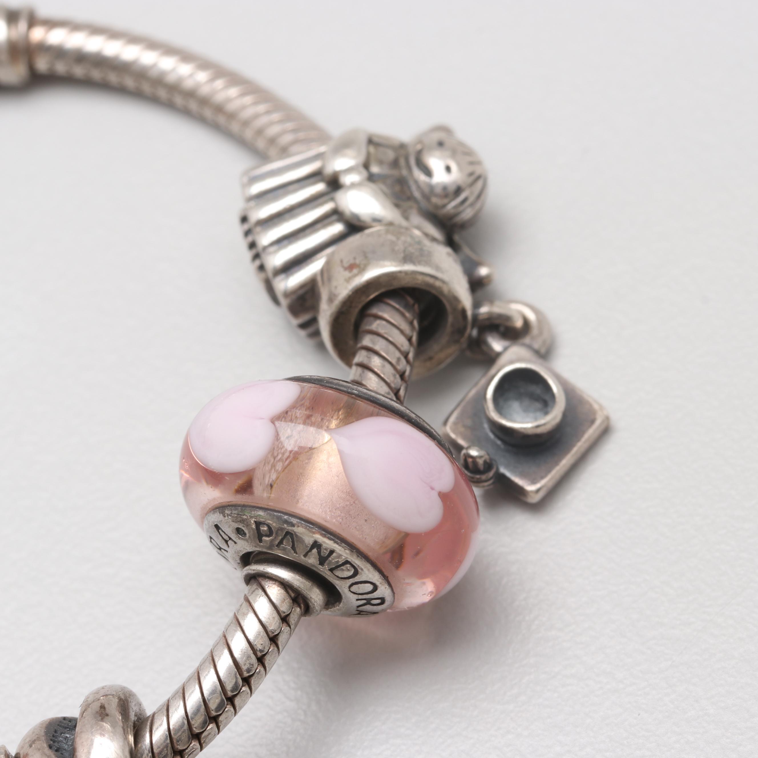 Sterling Silver Cubic Zirconia & Glass Barrel Charm Bracelet with Pandora Charms