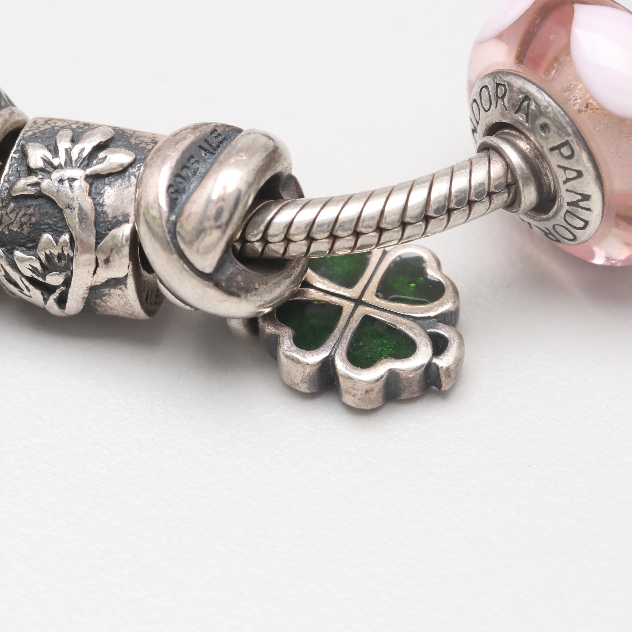 Sterling Silver Cubic Zirconia & Glass Barrel Charm Bracelet with Pandora Charms