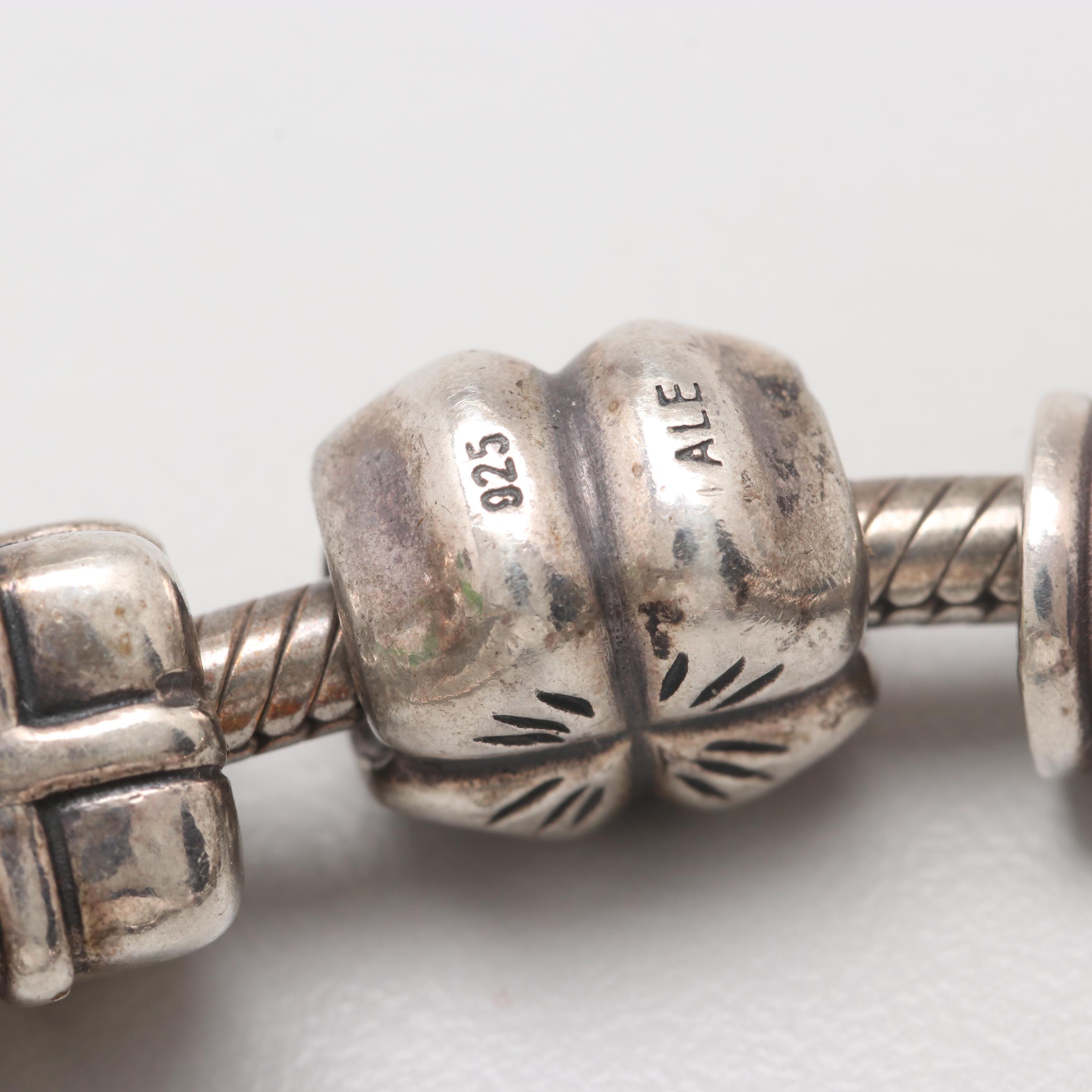 Sterling Silver Cubic Zirconia & Glass Barrel Charm Bracelet with Pandora Charms