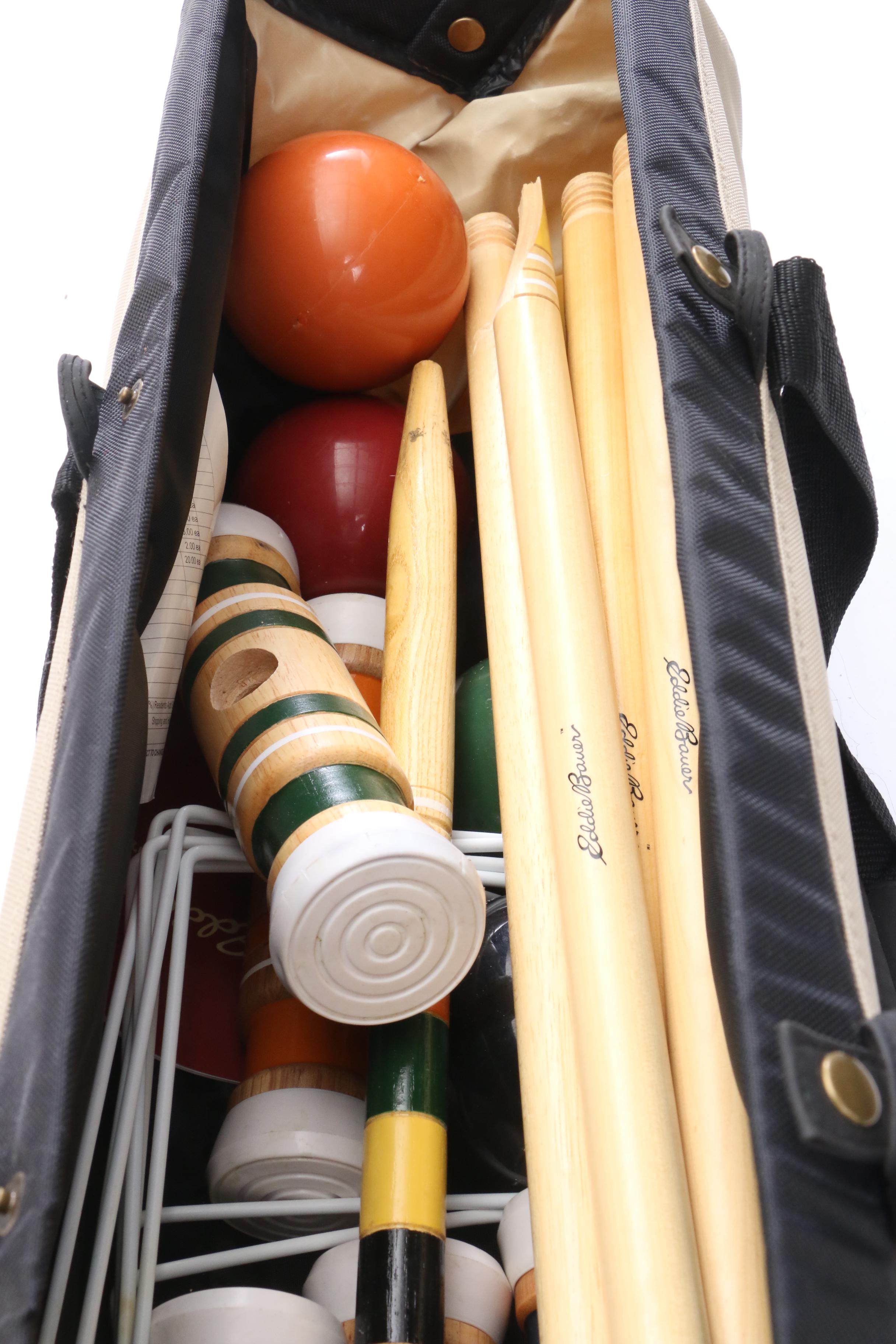 Wicker Picnic Hamper with Eddie Bauer Long Head Croquet Set in Storage Bag