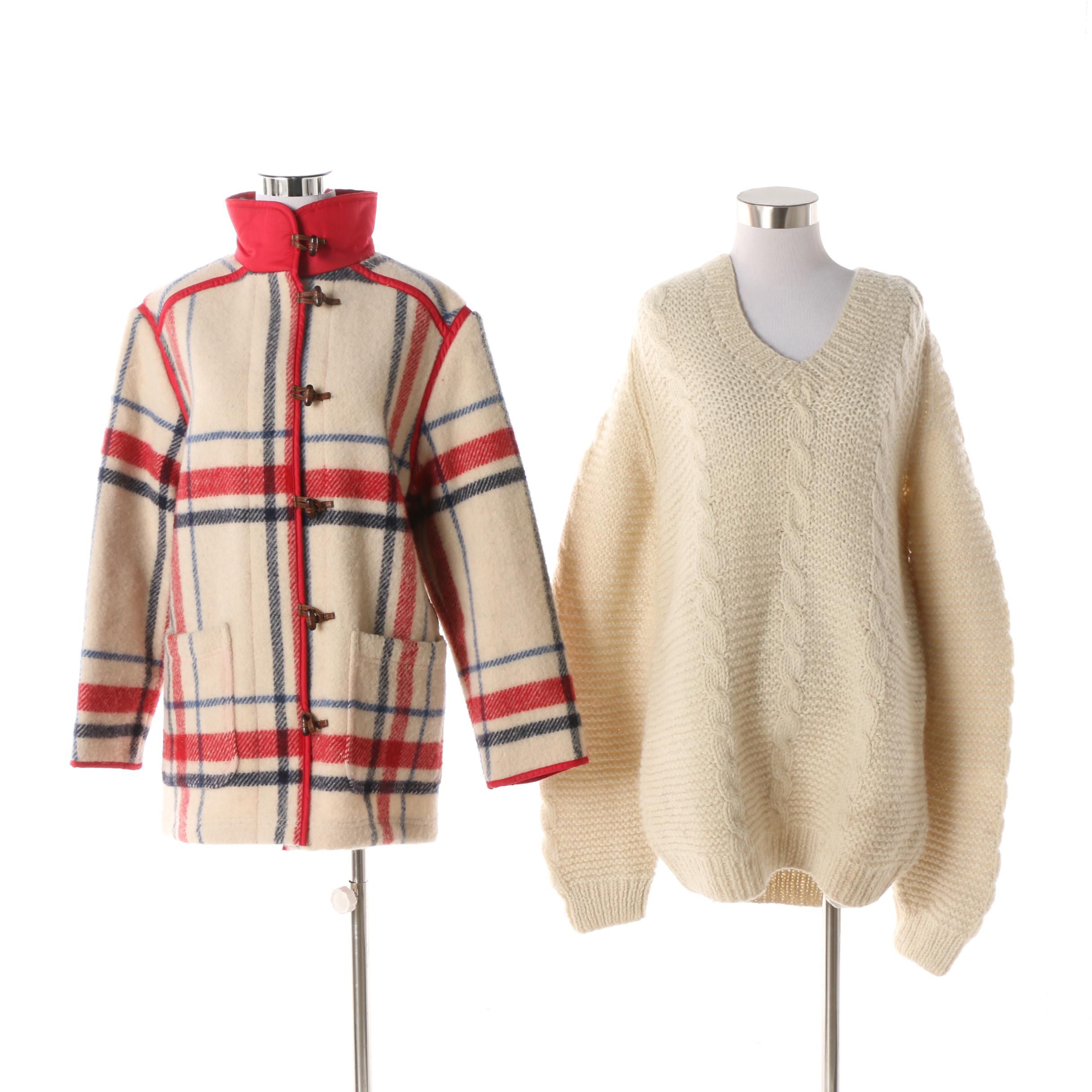 Women's Brooks Brothers Plaid Wool Duffel Coat and Greek Knitwear Wool Sweater