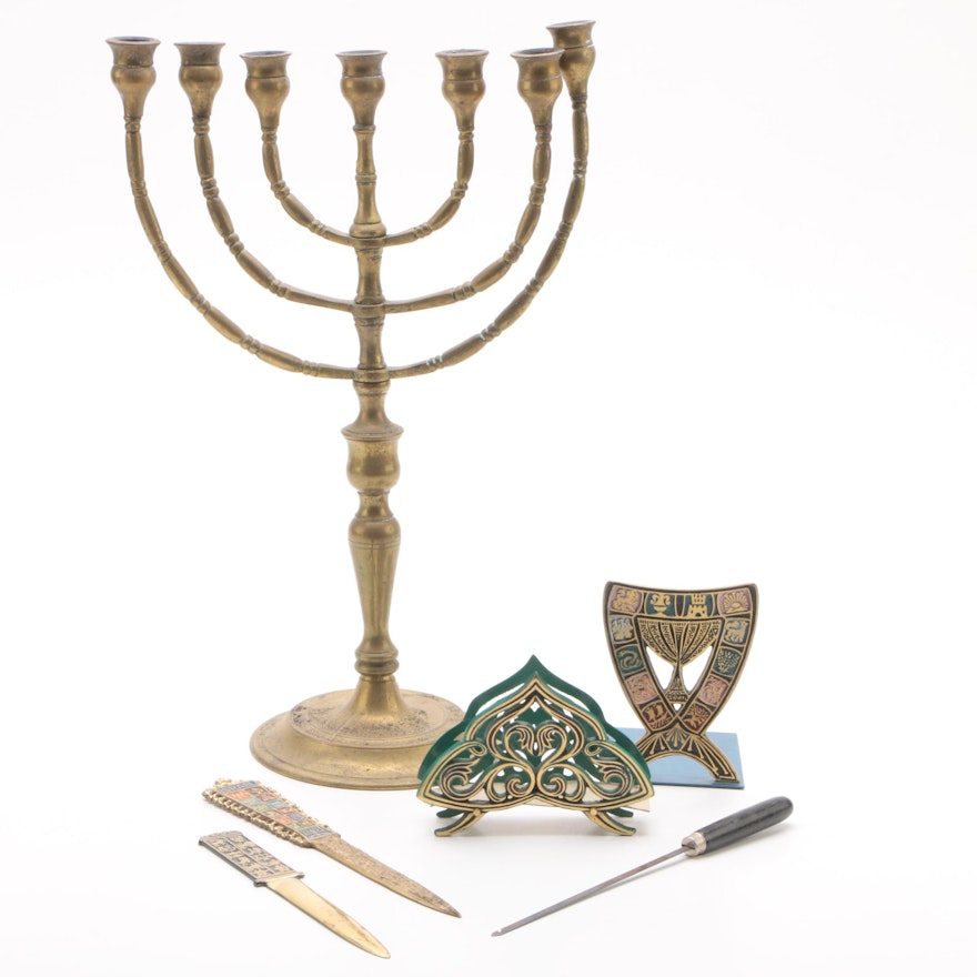 Brass Menorah with Other Judaica and Décor