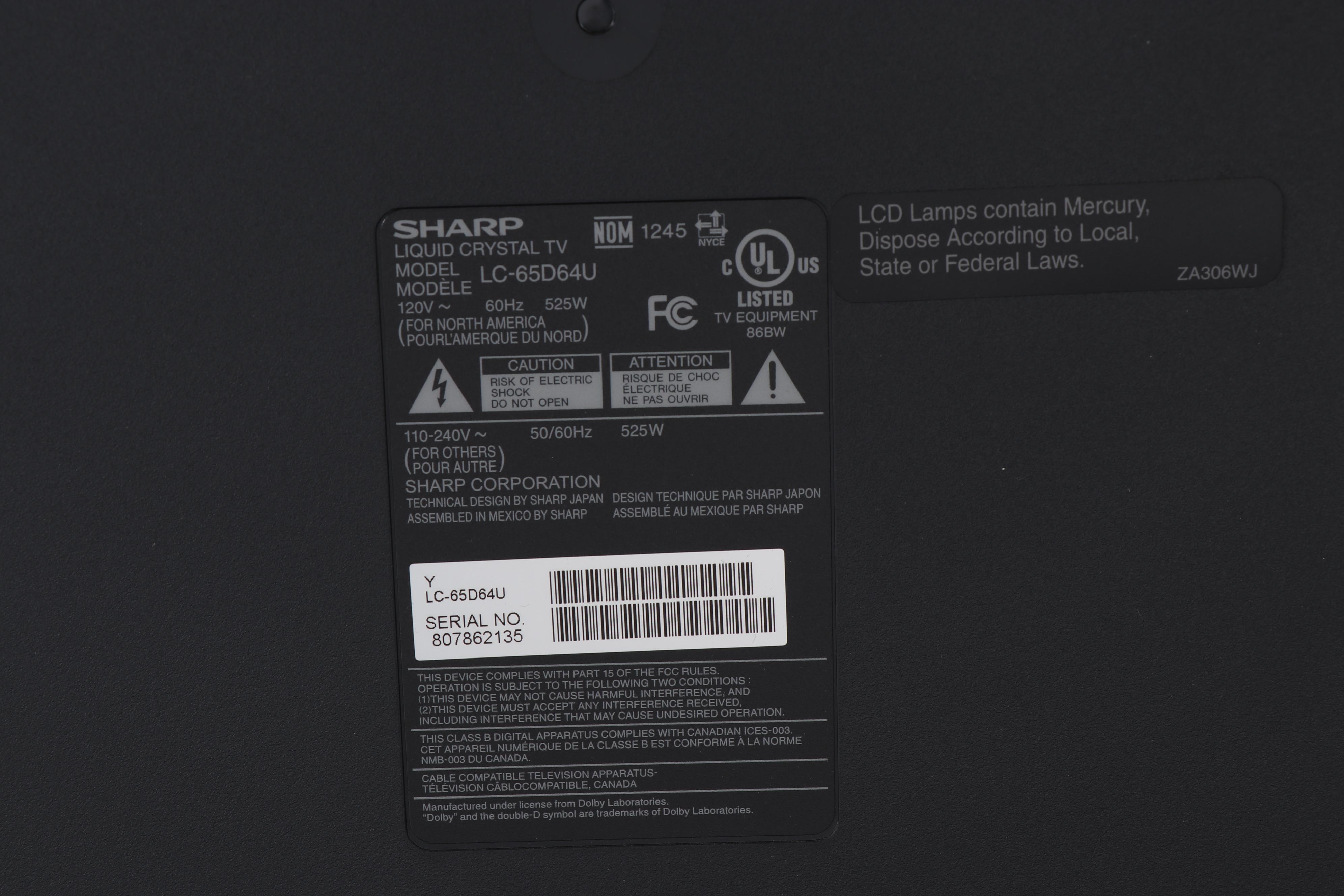 Sharp Aquos LC-65D64U Television