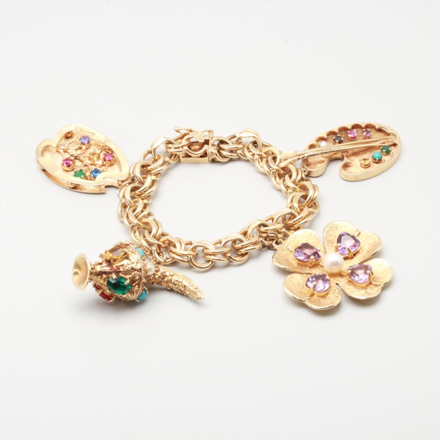 14K Yellow Gold Charm Bracelet Including Synthetic Ruby and Synthetic Sapphire