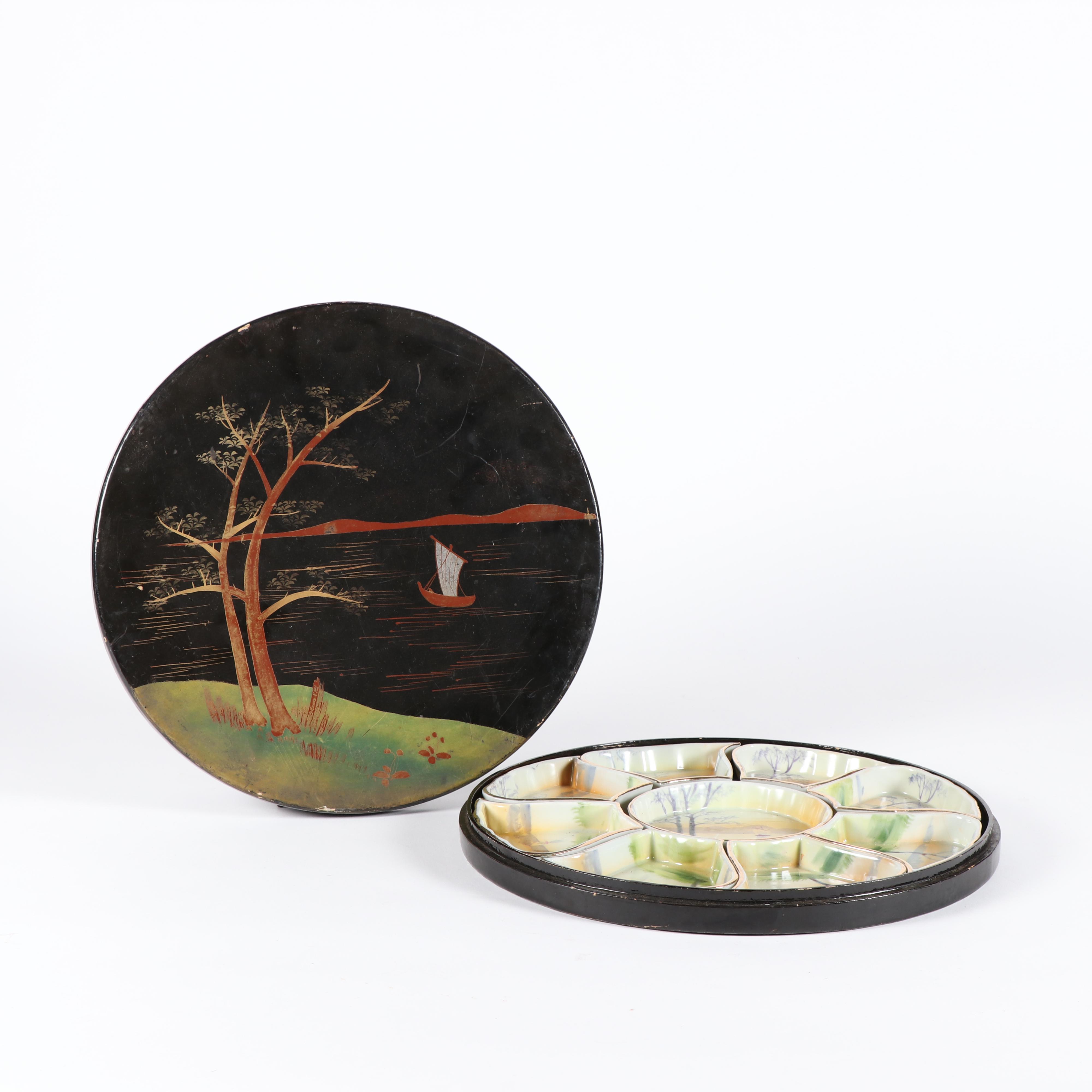 Vintage Japanese Nippon Porcelain Divided Tray in Lacquered Box