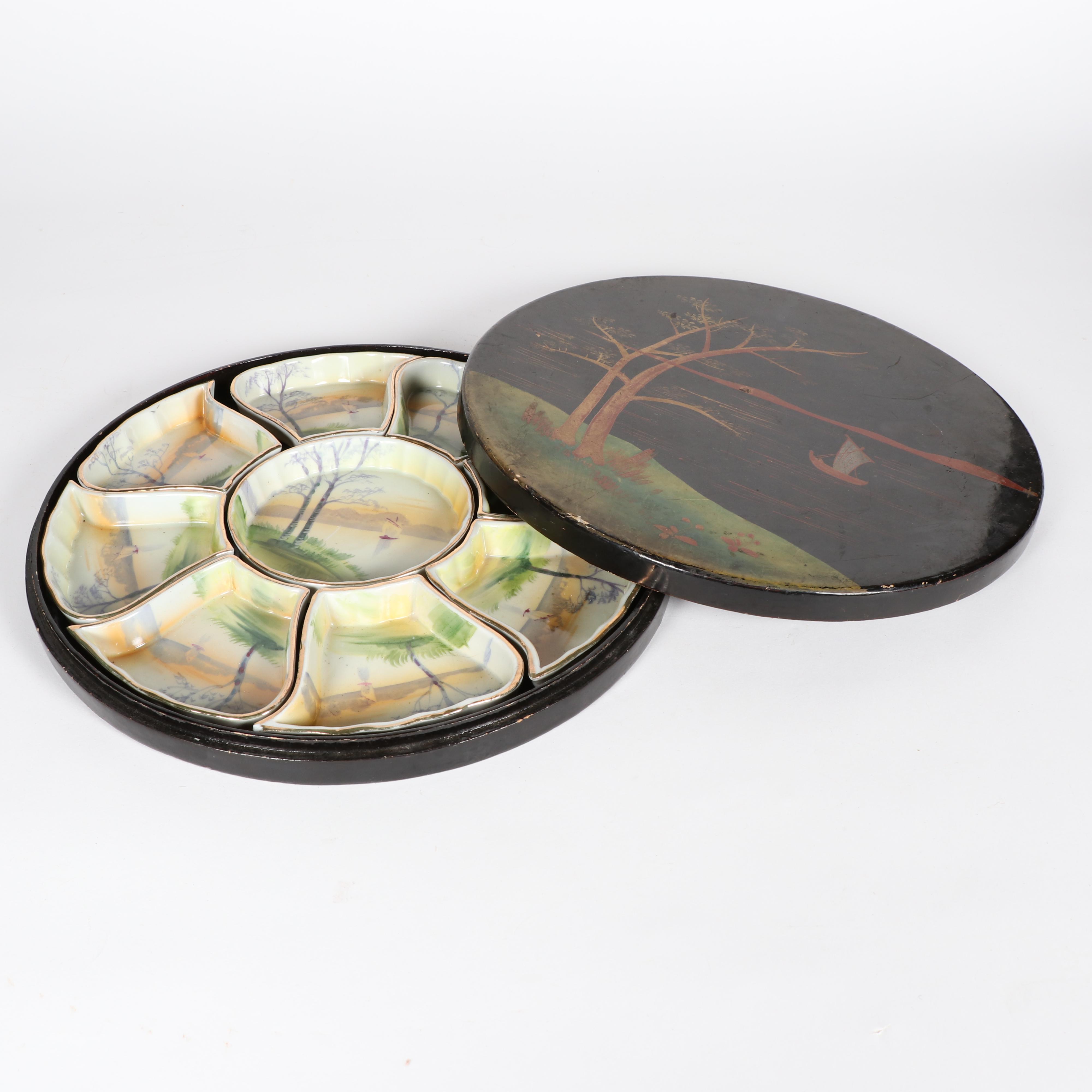 Vintage Japanese Nippon Porcelain Divided Tray in Lacquered Box