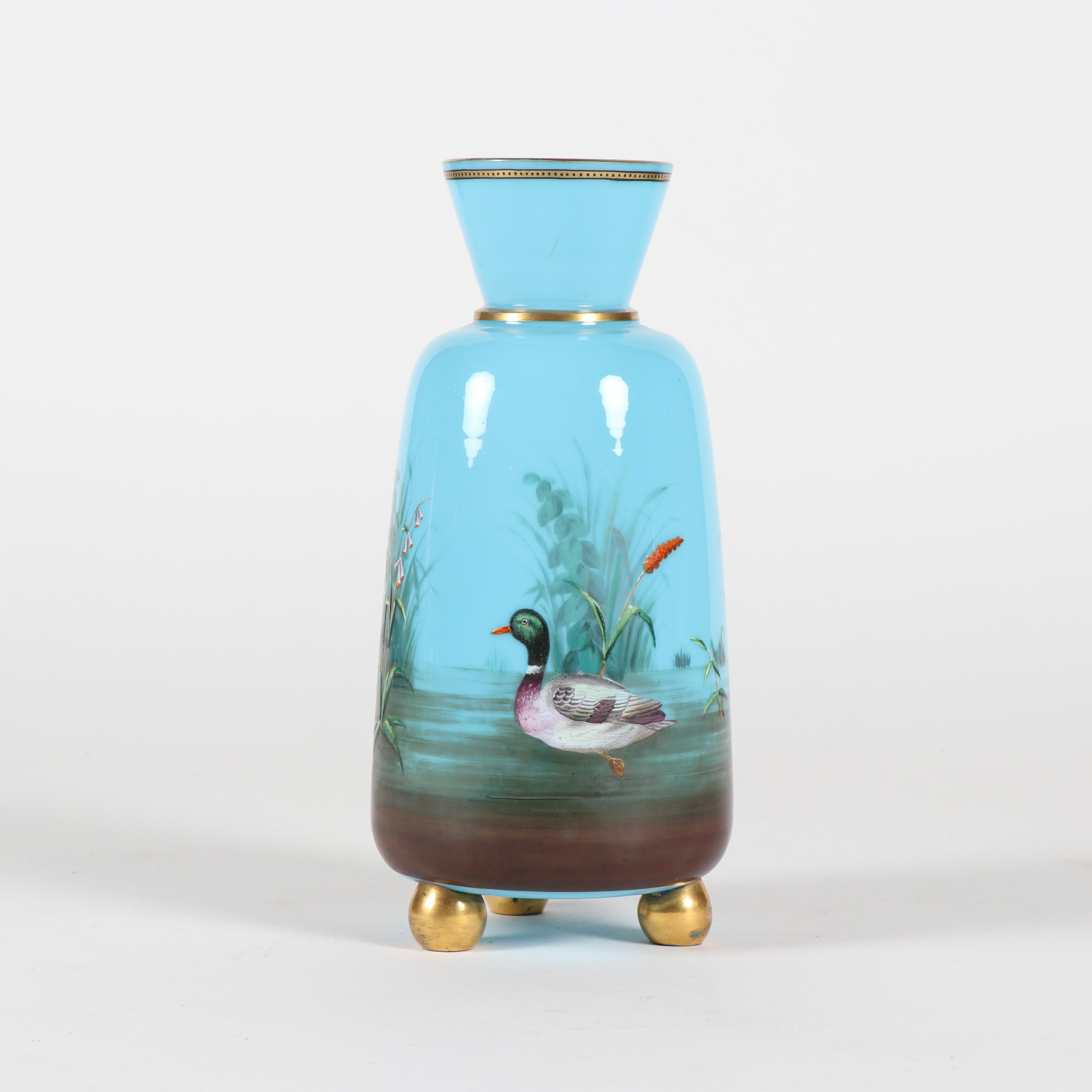 Bristol Glass  Enameled Blue Opaline Duck Motif Vases