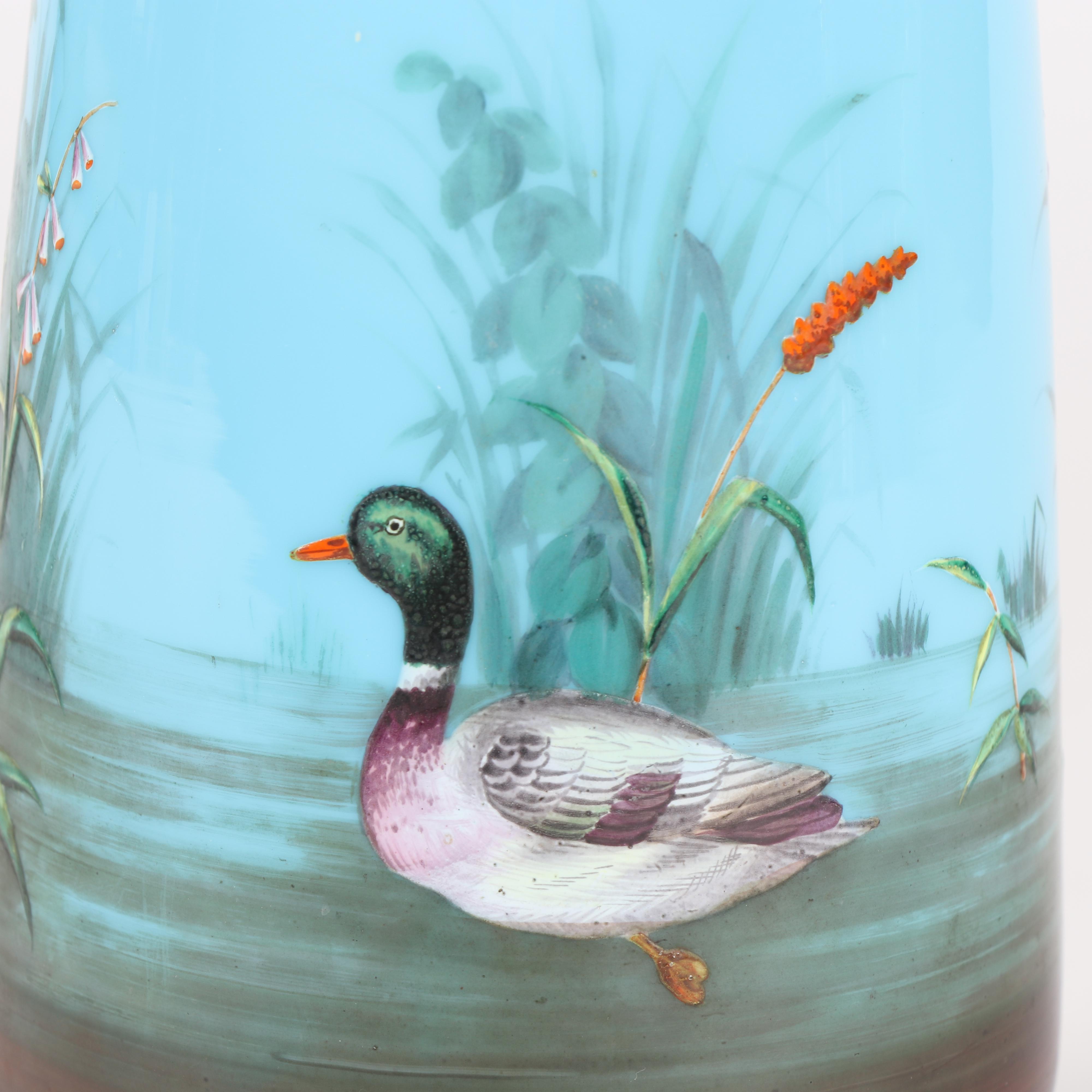 Bristol Glass  Enameled Blue Opaline Duck Motif Vases