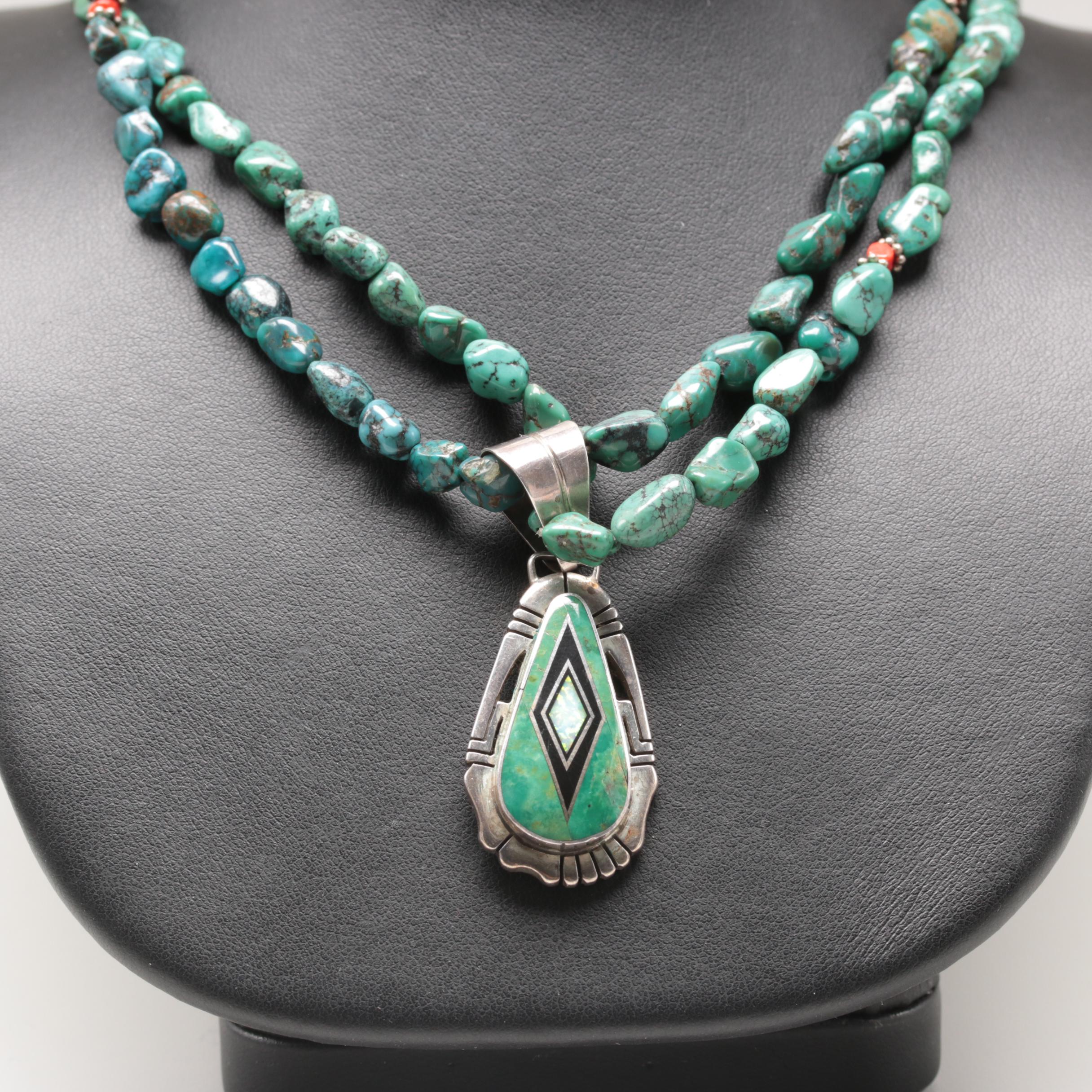 Jerry T. Nelson Navajo Diné Sterling Silver Turquoise and Coral Necklace