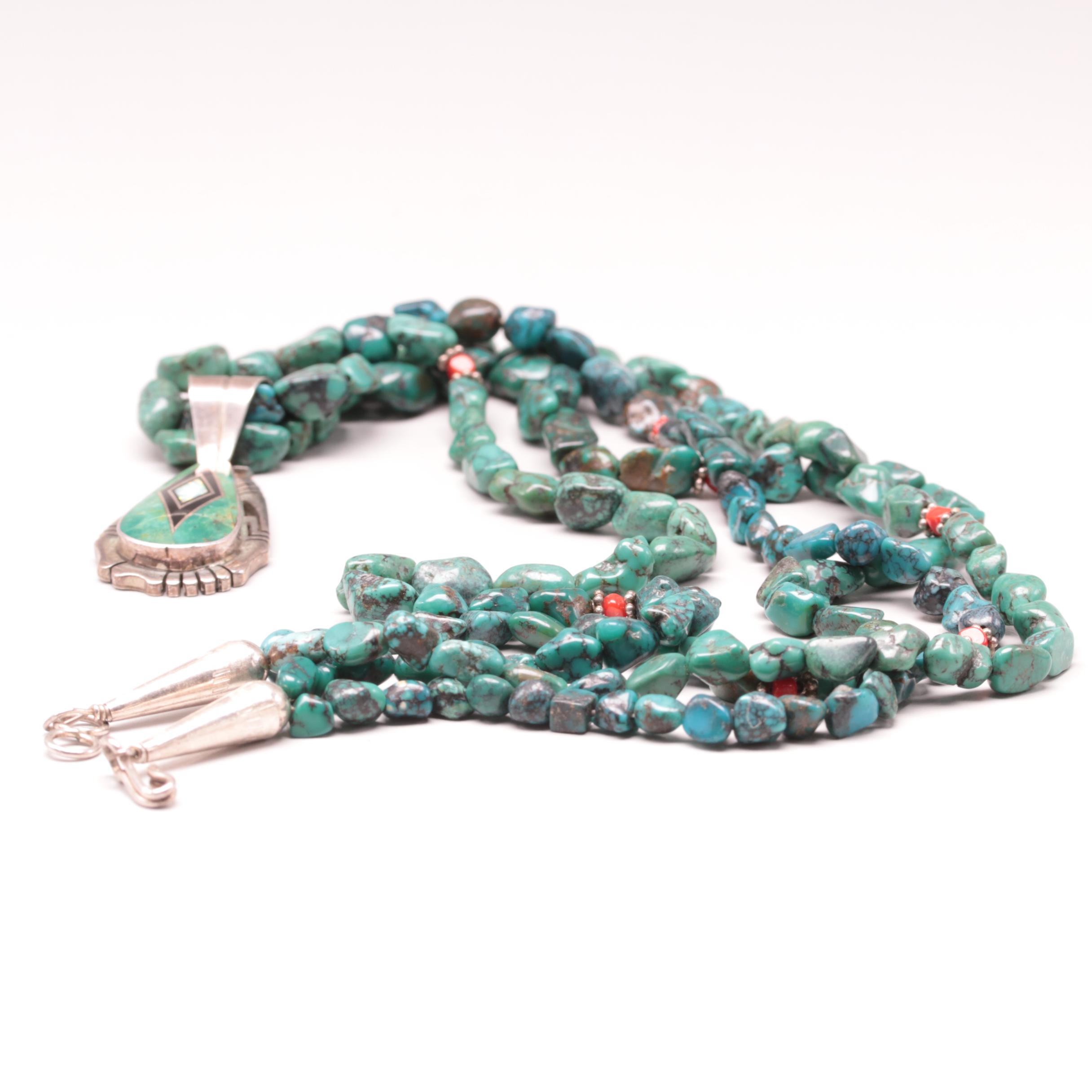 Jerry T. Nelson Navajo Diné Sterling Silver Turquoise and Coral Necklace