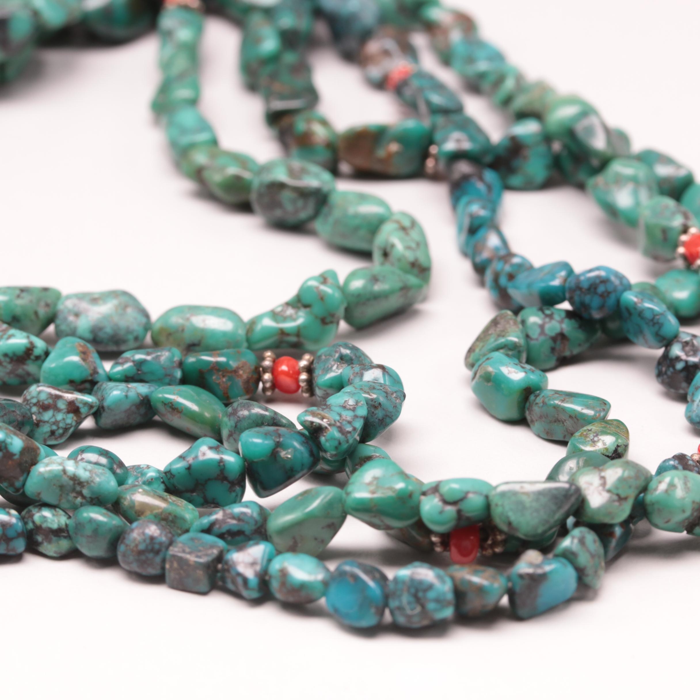 Jerry T. Nelson Navajo Diné Sterling Silver Turquoise and Coral Necklace