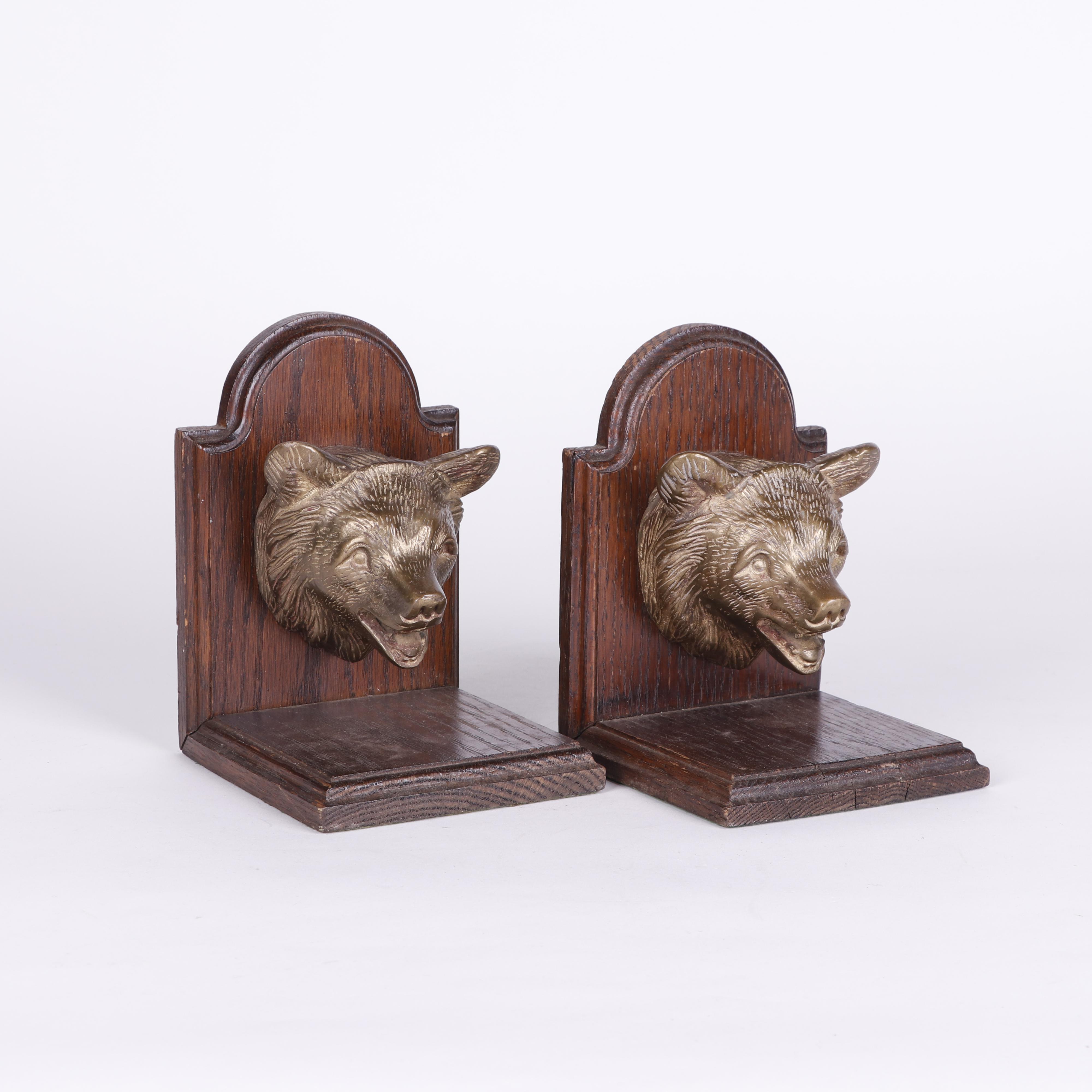 Oak and Brass Bear Head Bookends, Late 20th Century