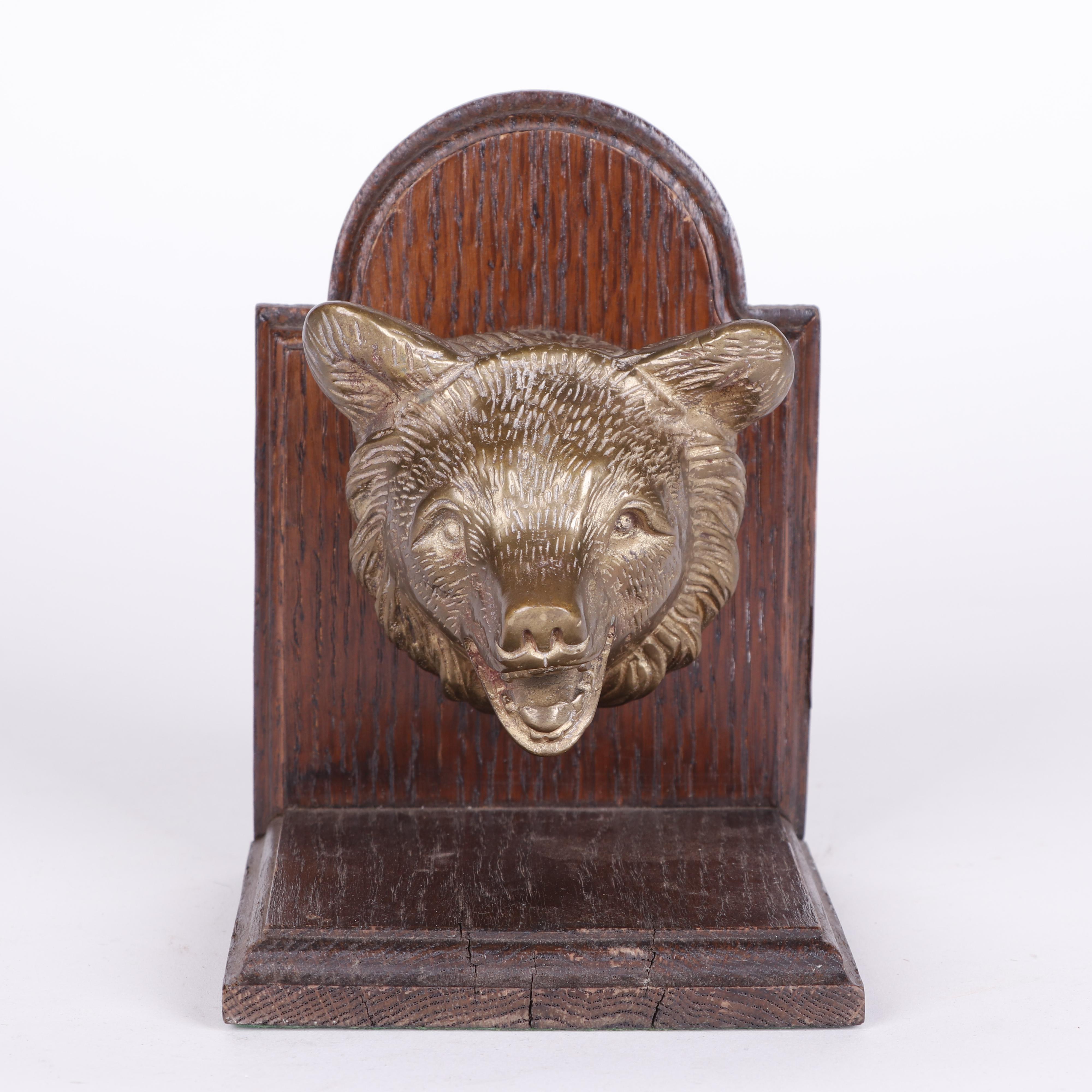 Oak and Brass Bear Head Bookends, Late 20th Century
