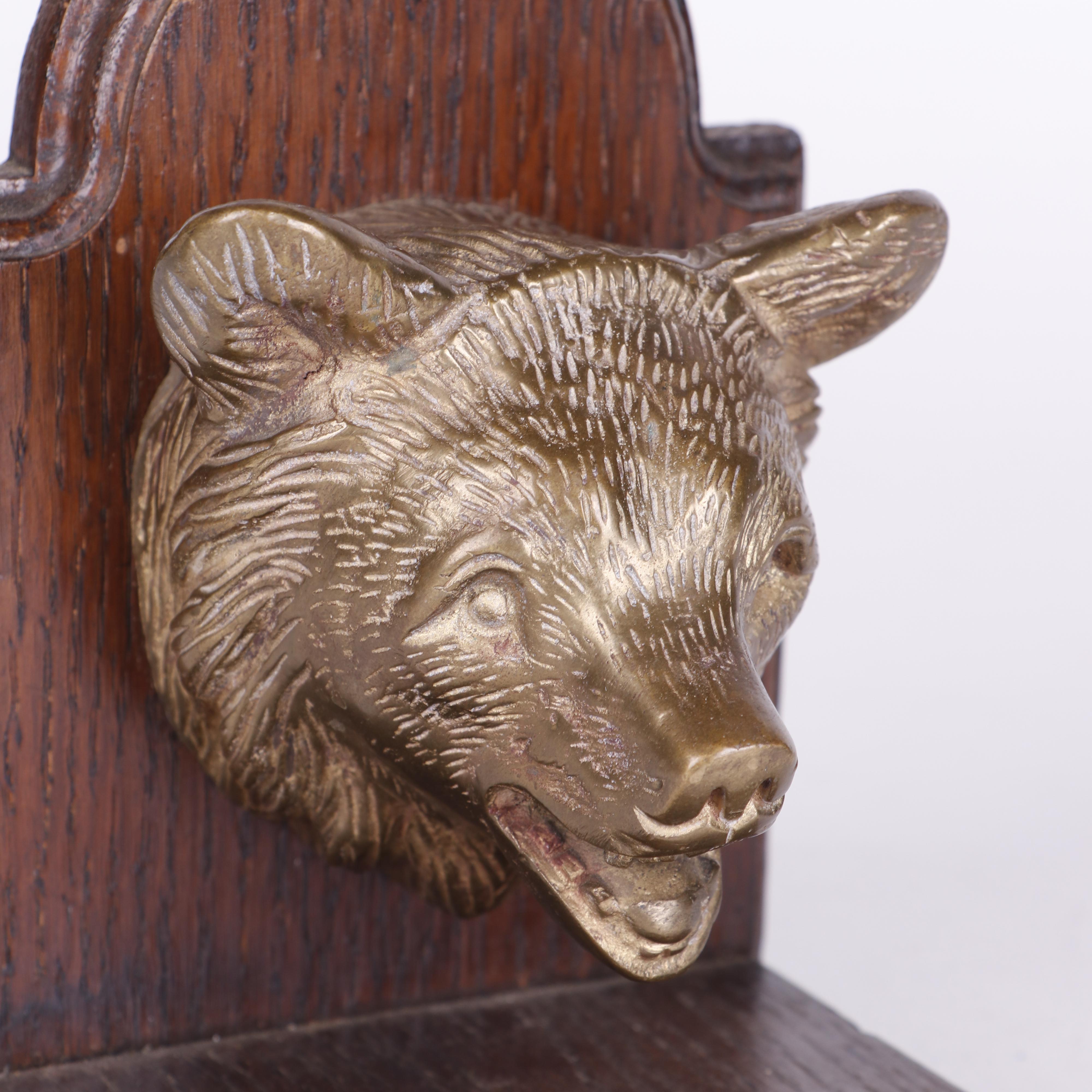 Oak and Brass Bear Head Bookends, Late 20th Century