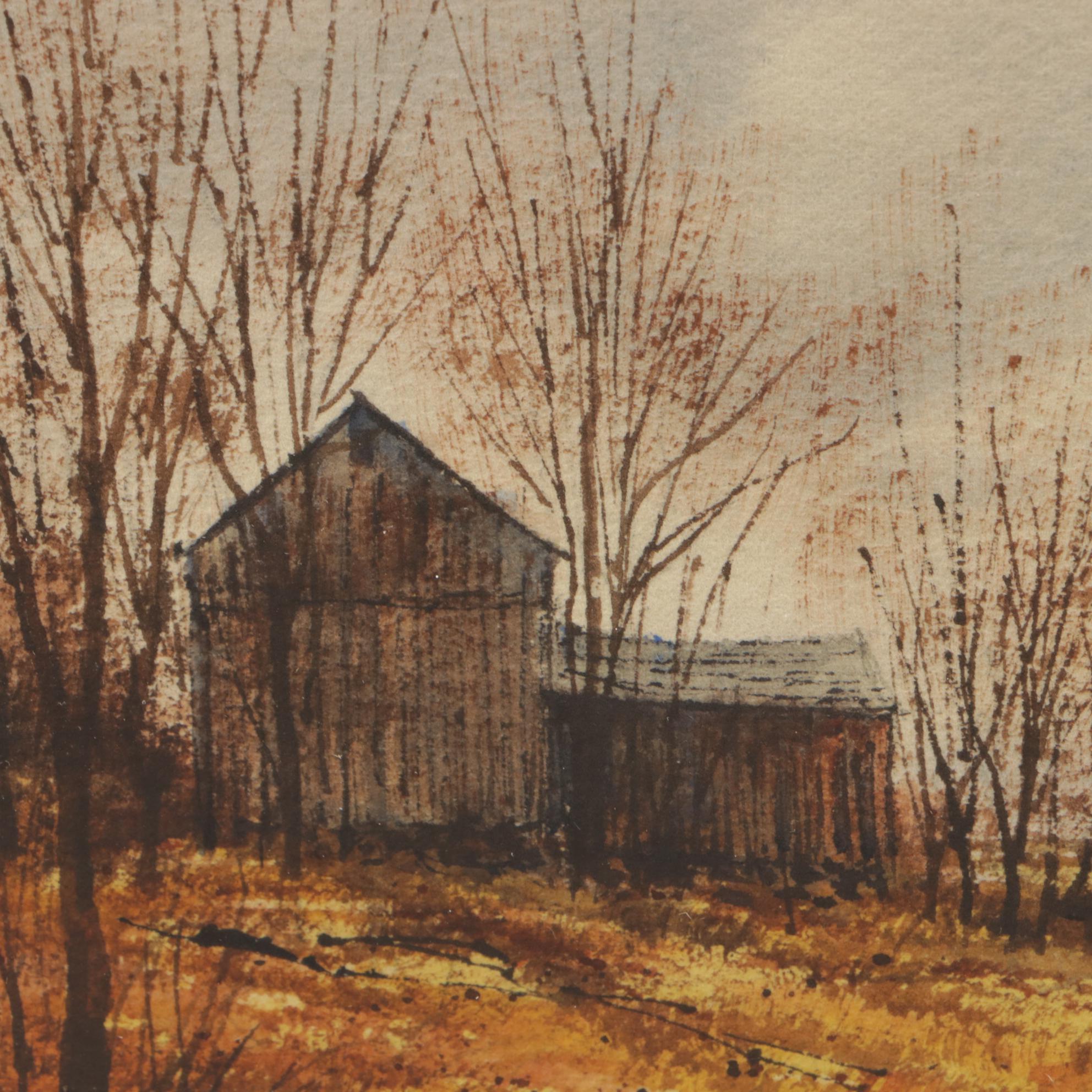 Bill Ely Watercolor Painting "Winter Farm"