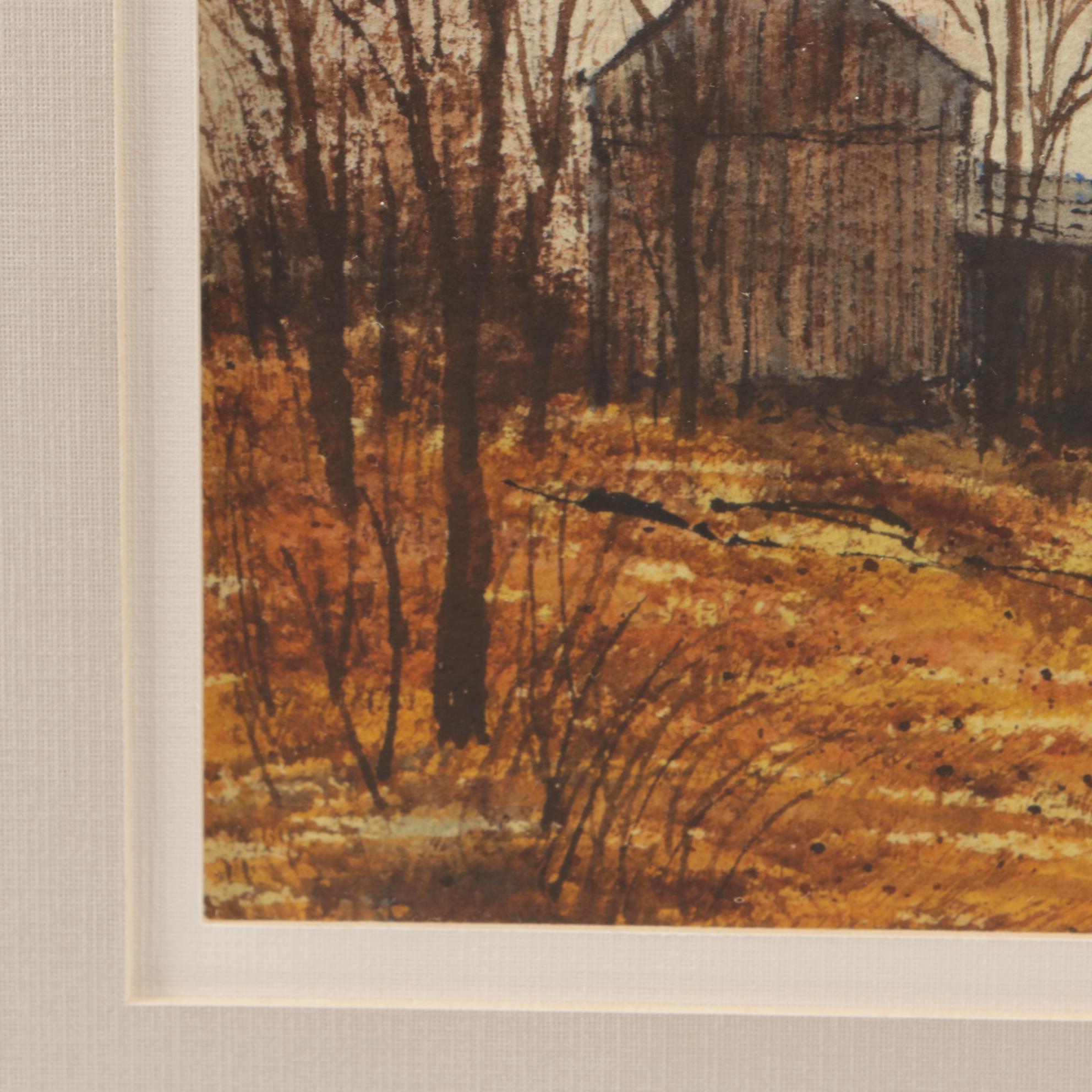 Bill Ely Watercolor Painting "Winter Farm"