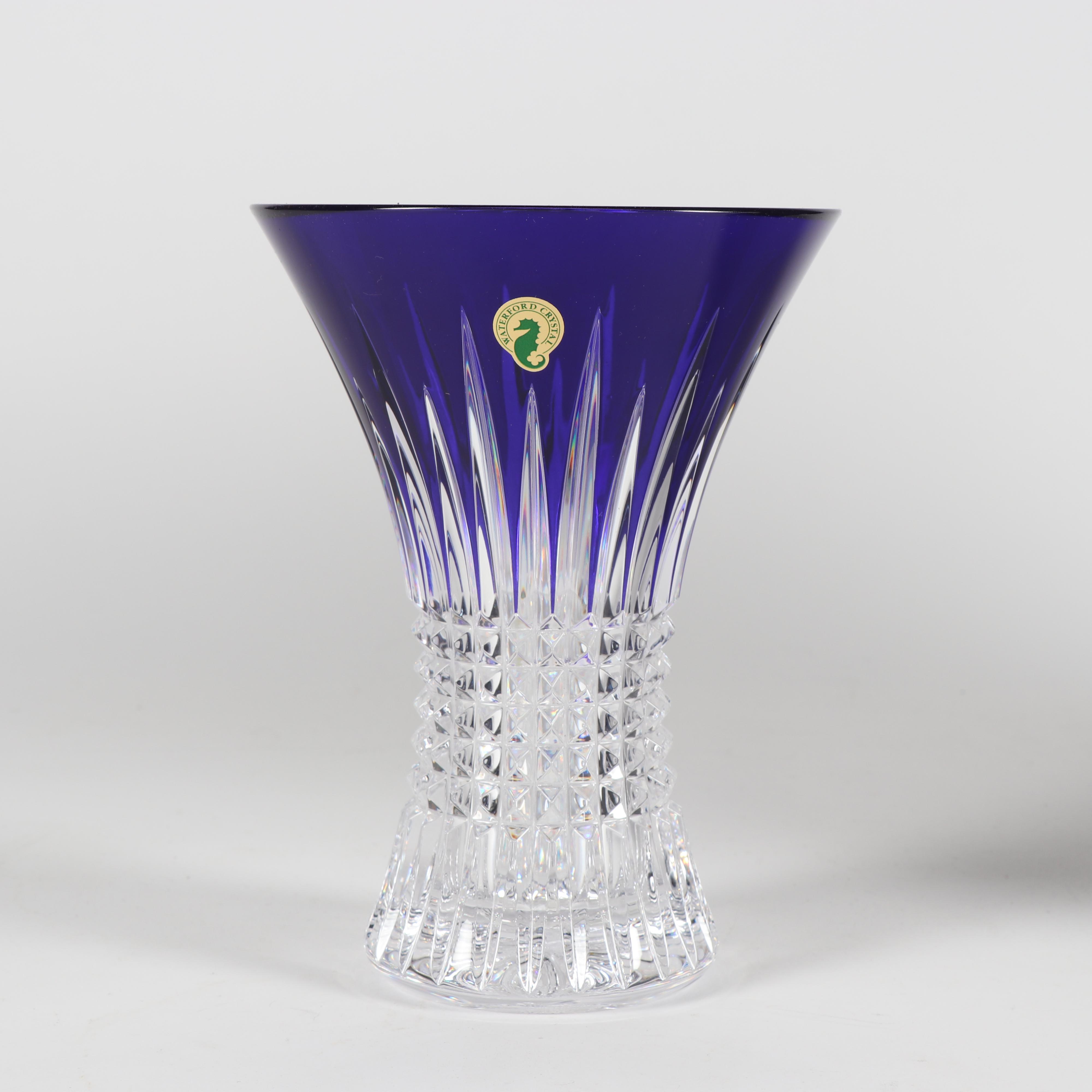 Waterford "Lismore Diamond" Cased Cobalt Cut to Clear Crystal Vase