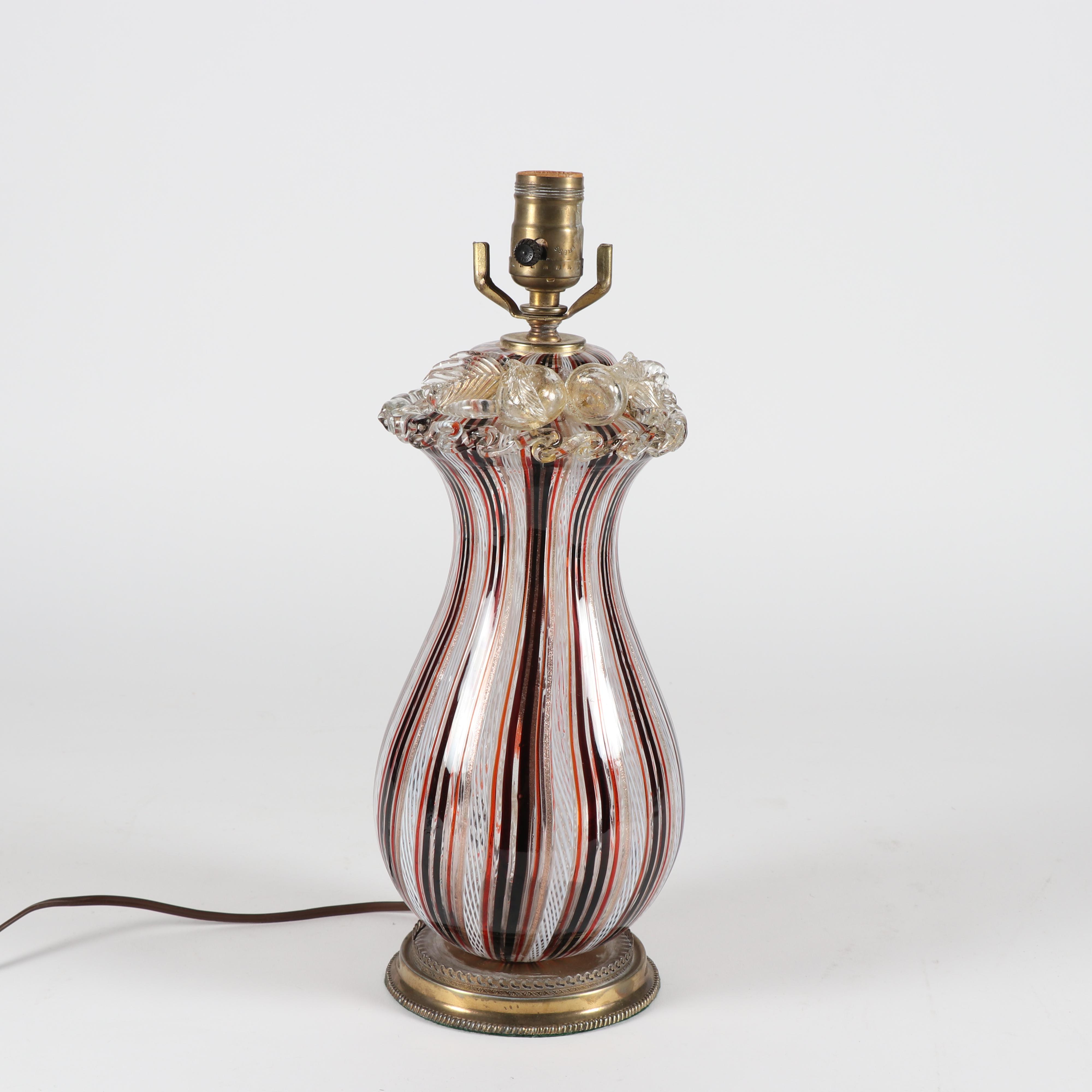 Murano Zanfirico Style Art Glass Table Lamp with Applied Figural Fruit