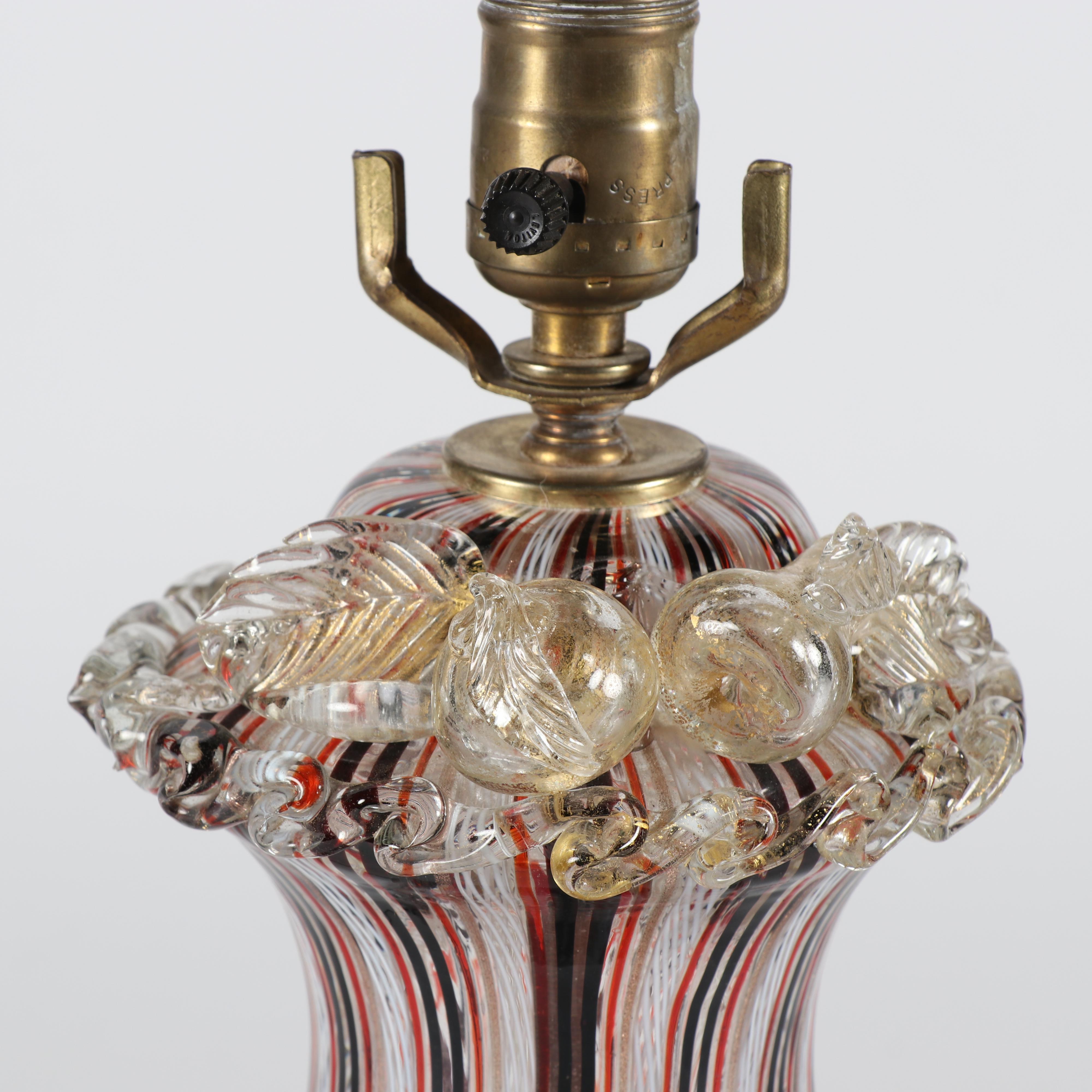 Murano Zanfirico Style Art Glass Table Lamp with Applied Figural Fruit