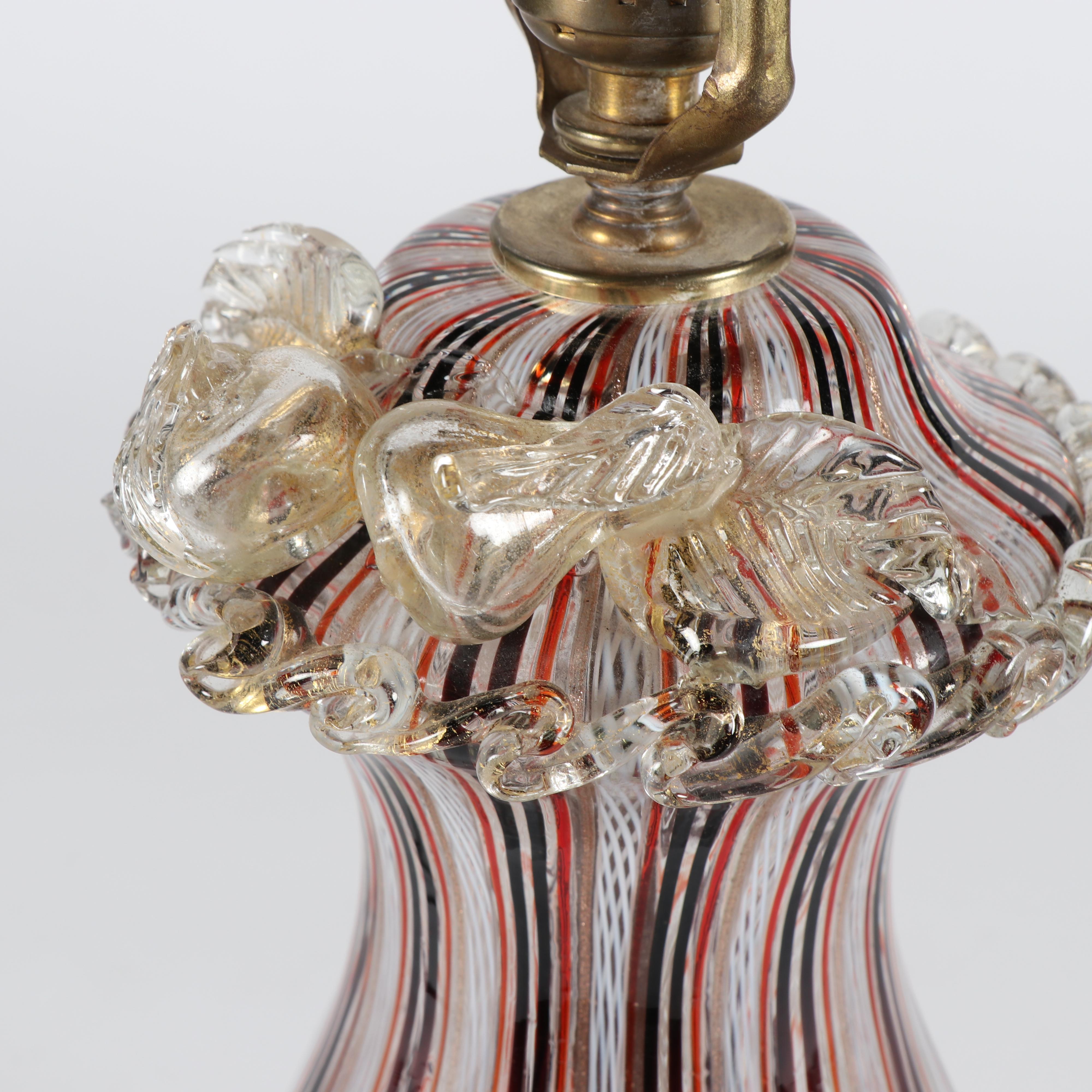 Murano Zanfirico Style Art Glass Table Lamp with Applied Figural Fruit