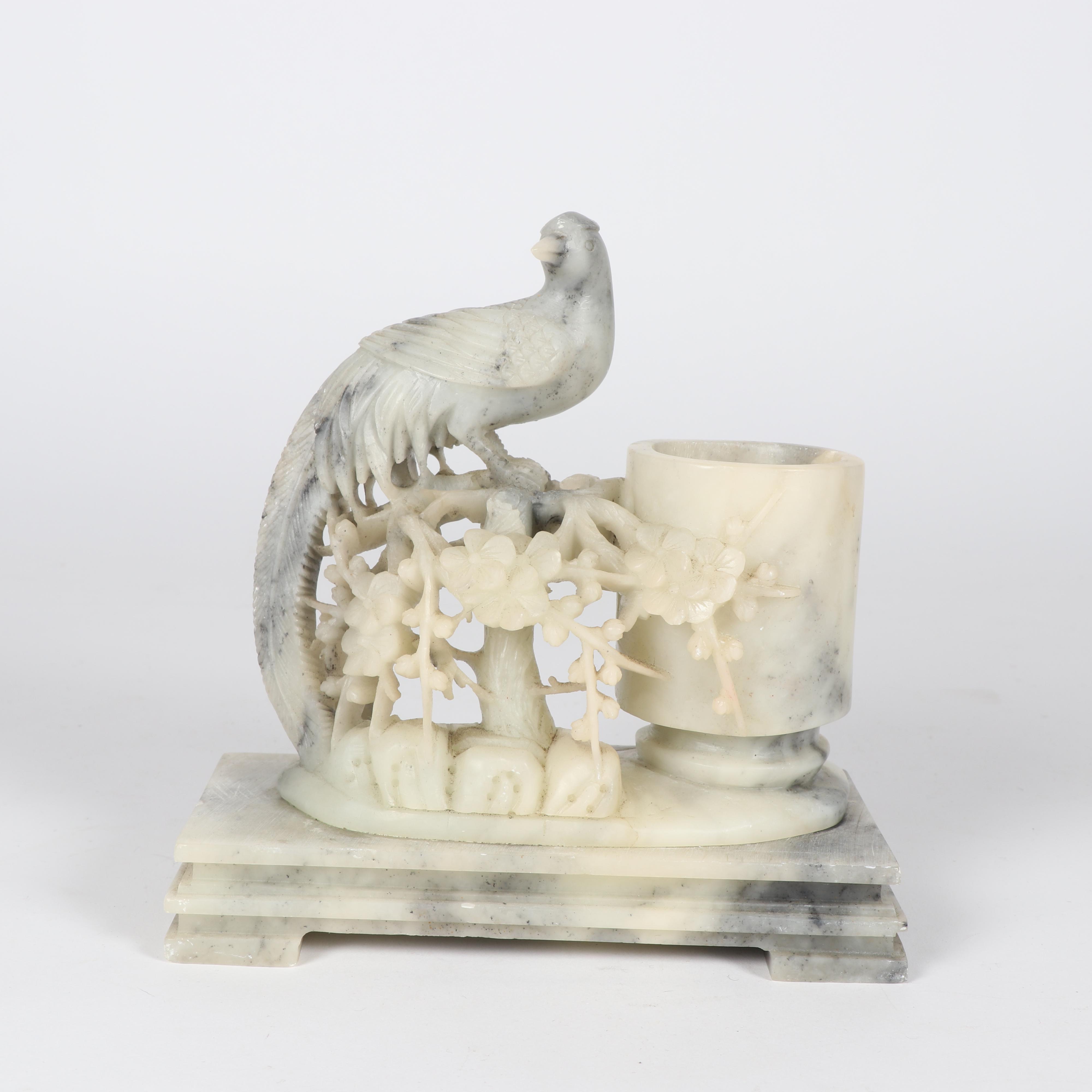 Chinese Carved Stone Inkwell with Peacock and Cherry Tree