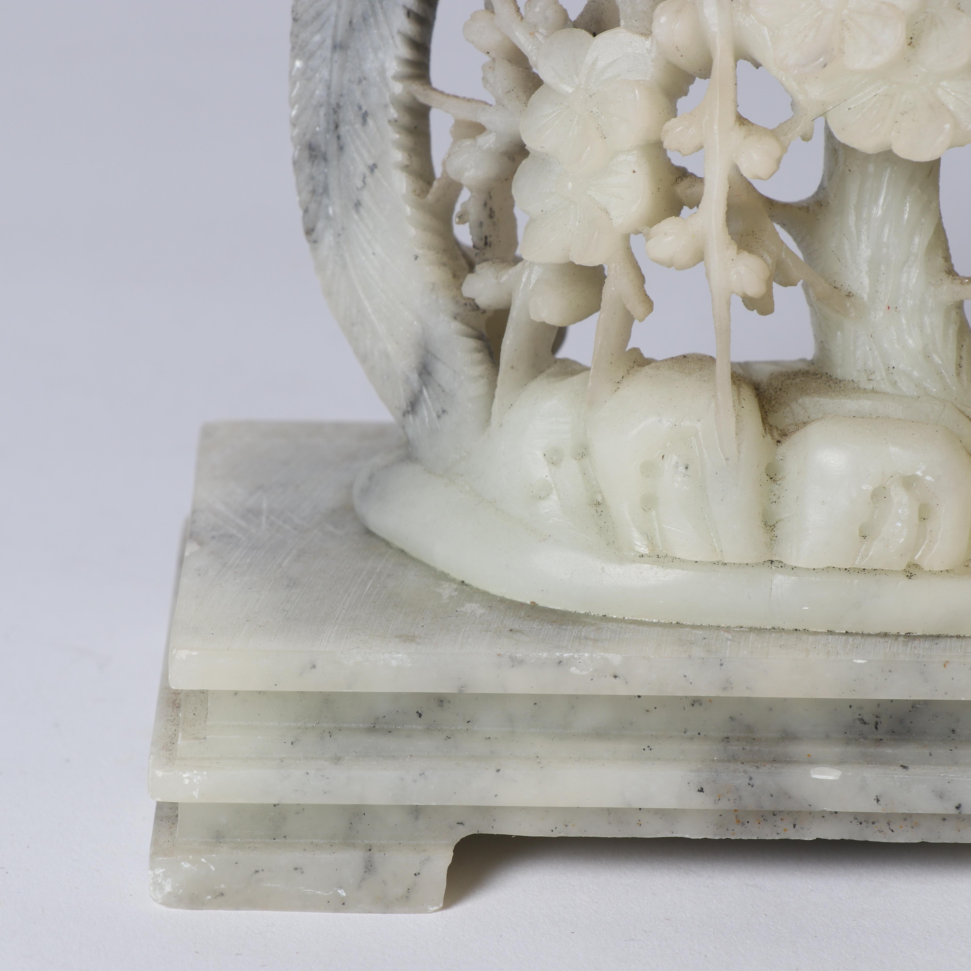 Chinese Carved Stone Inkwell with Peacock and Cherry Tree