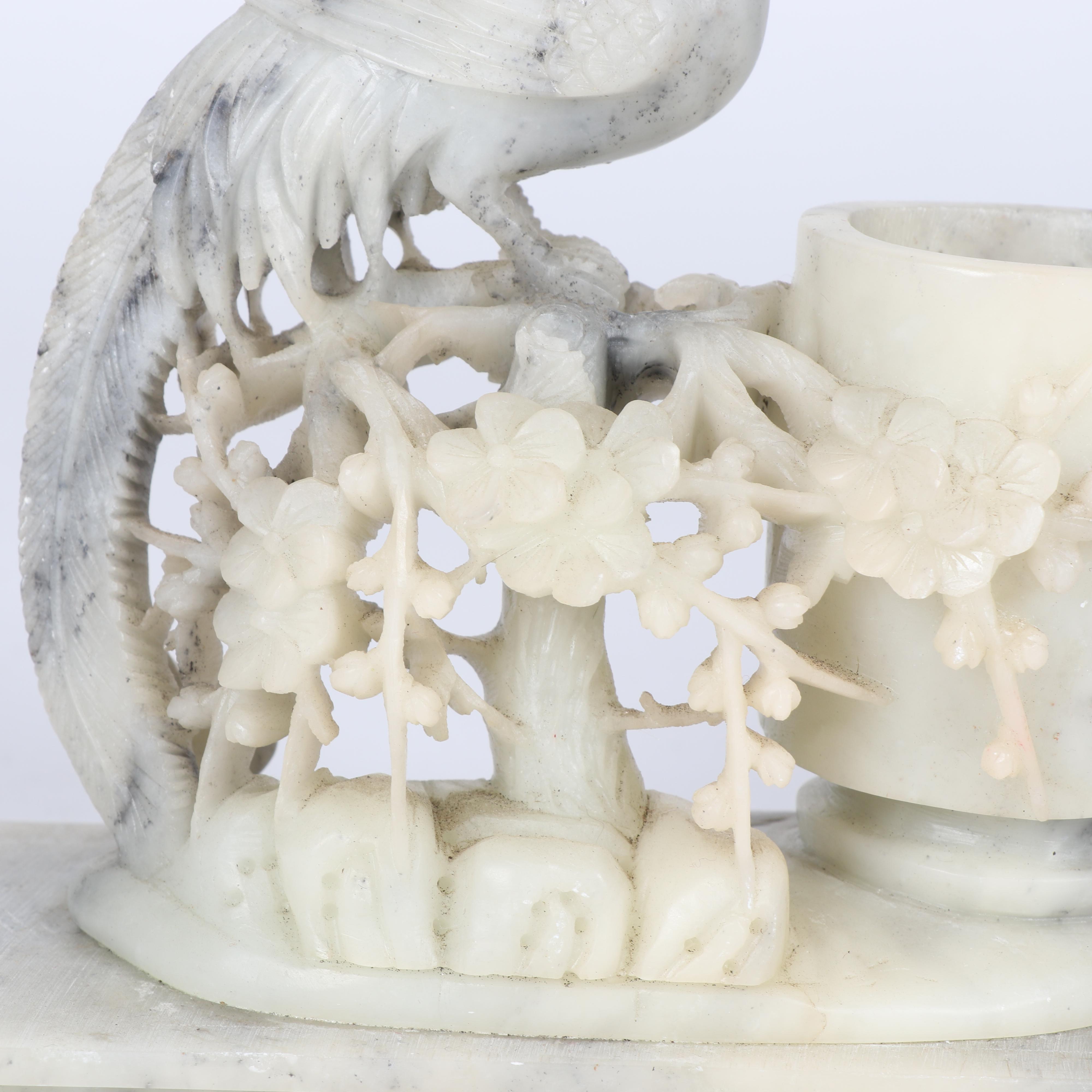 Chinese Carved Stone Inkwell with Peacock and Cherry Tree