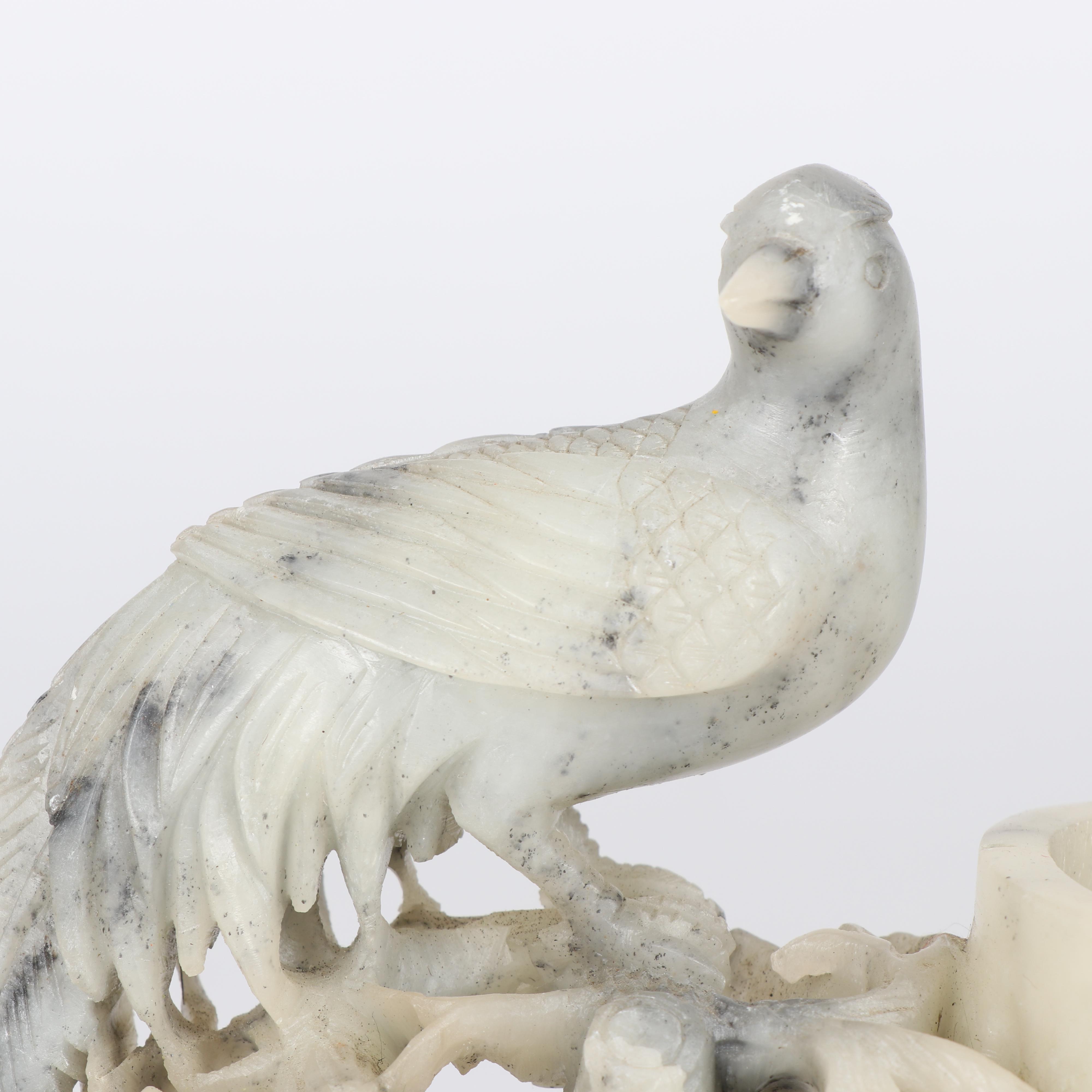 Chinese Carved Stone Inkwell with Peacock and Cherry Tree