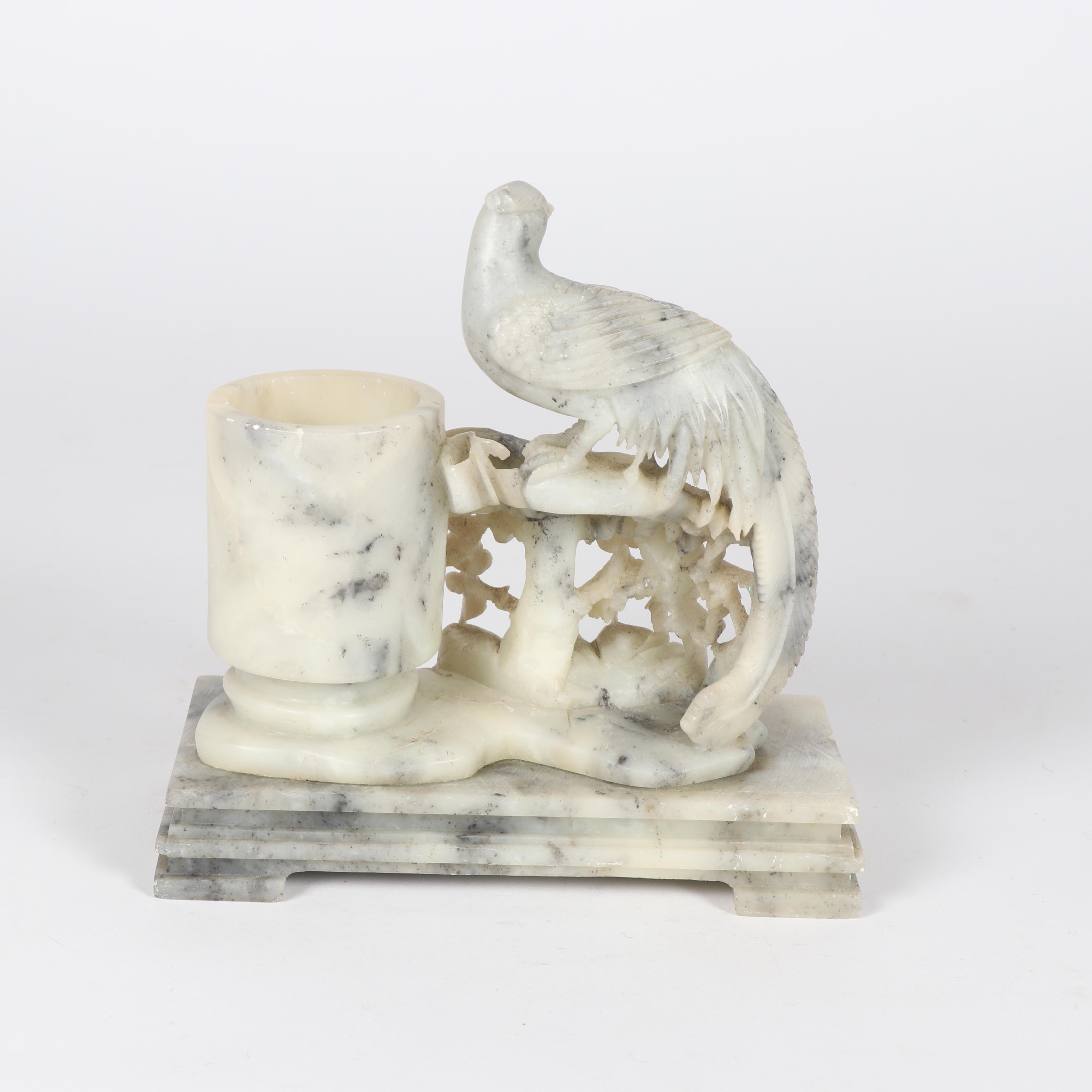 Chinese Carved Stone Inkwell with Peacock and Cherry Tree