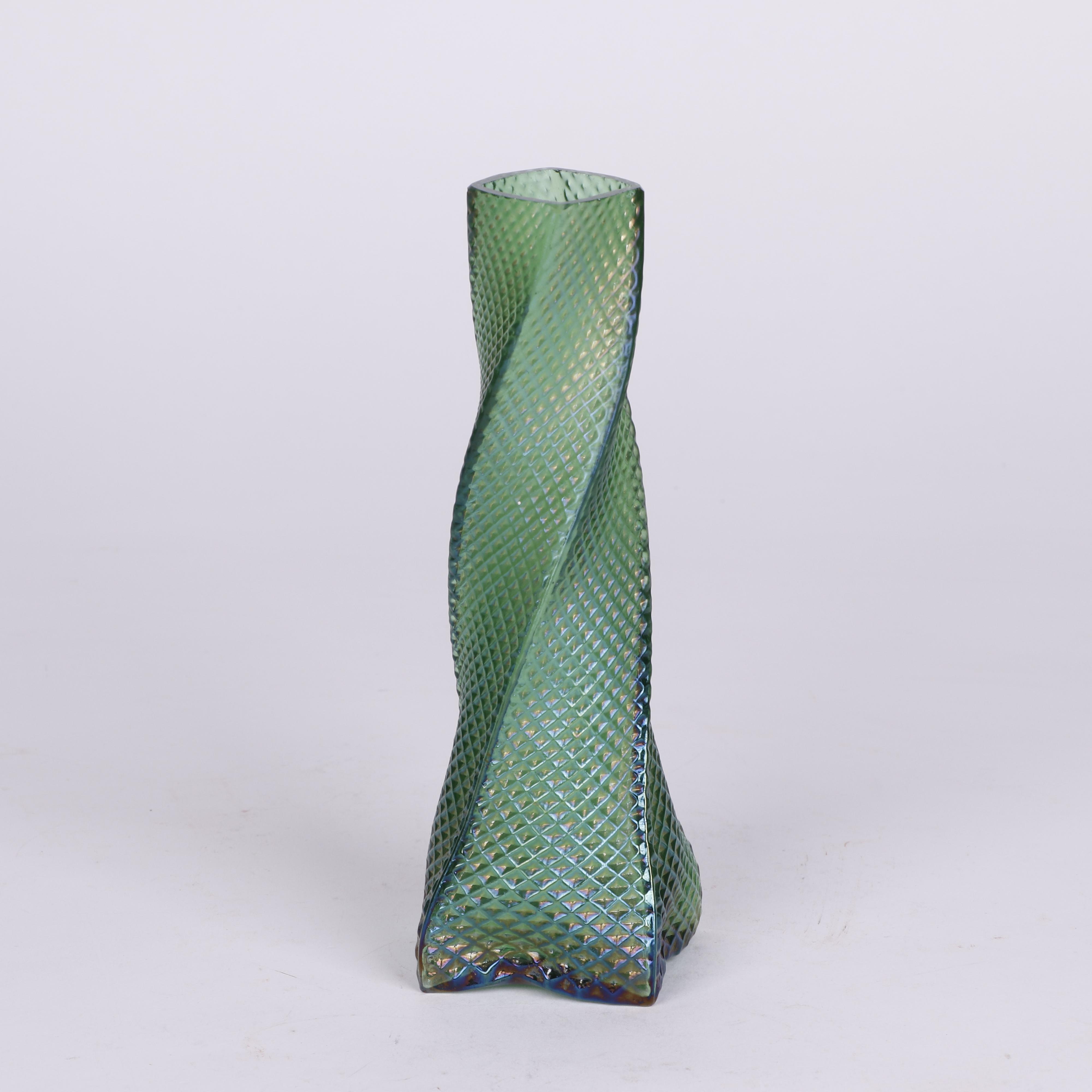 Iridescent Twisting Square Vase with Quilted Pattern