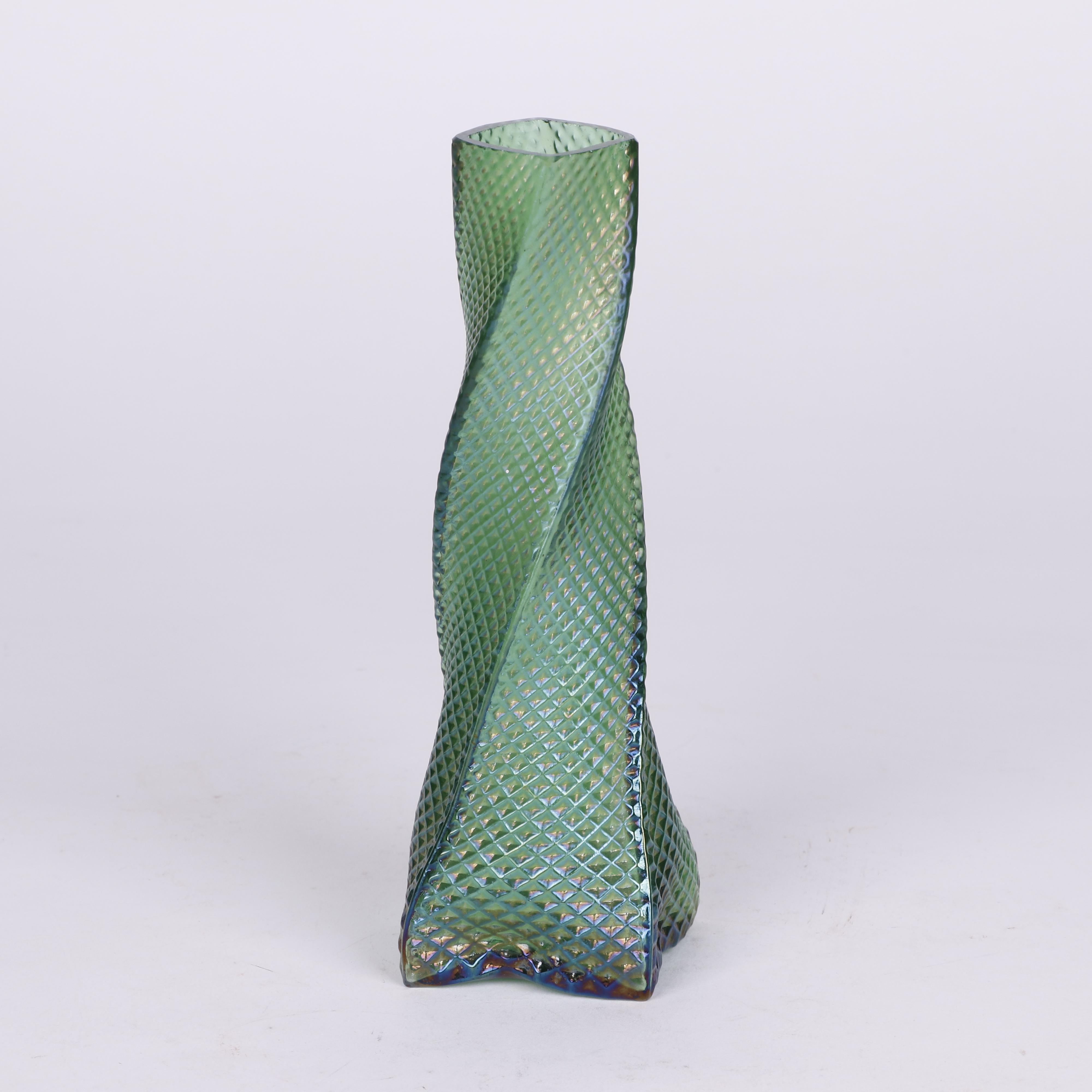 Iridescent Twisting Square Vase with Quilted Pattern