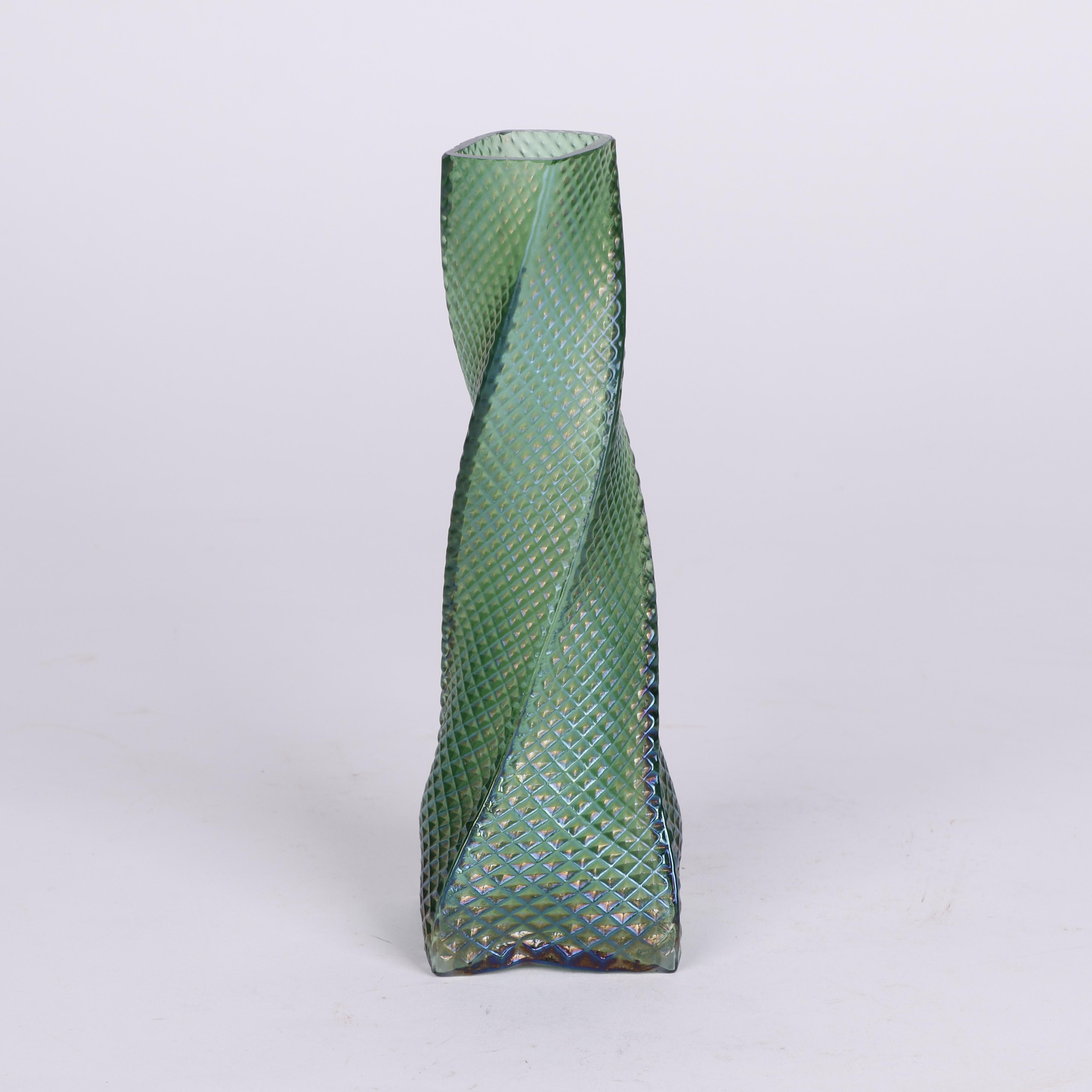 Iridescent Twisting Square Vase with Quilted Pattern