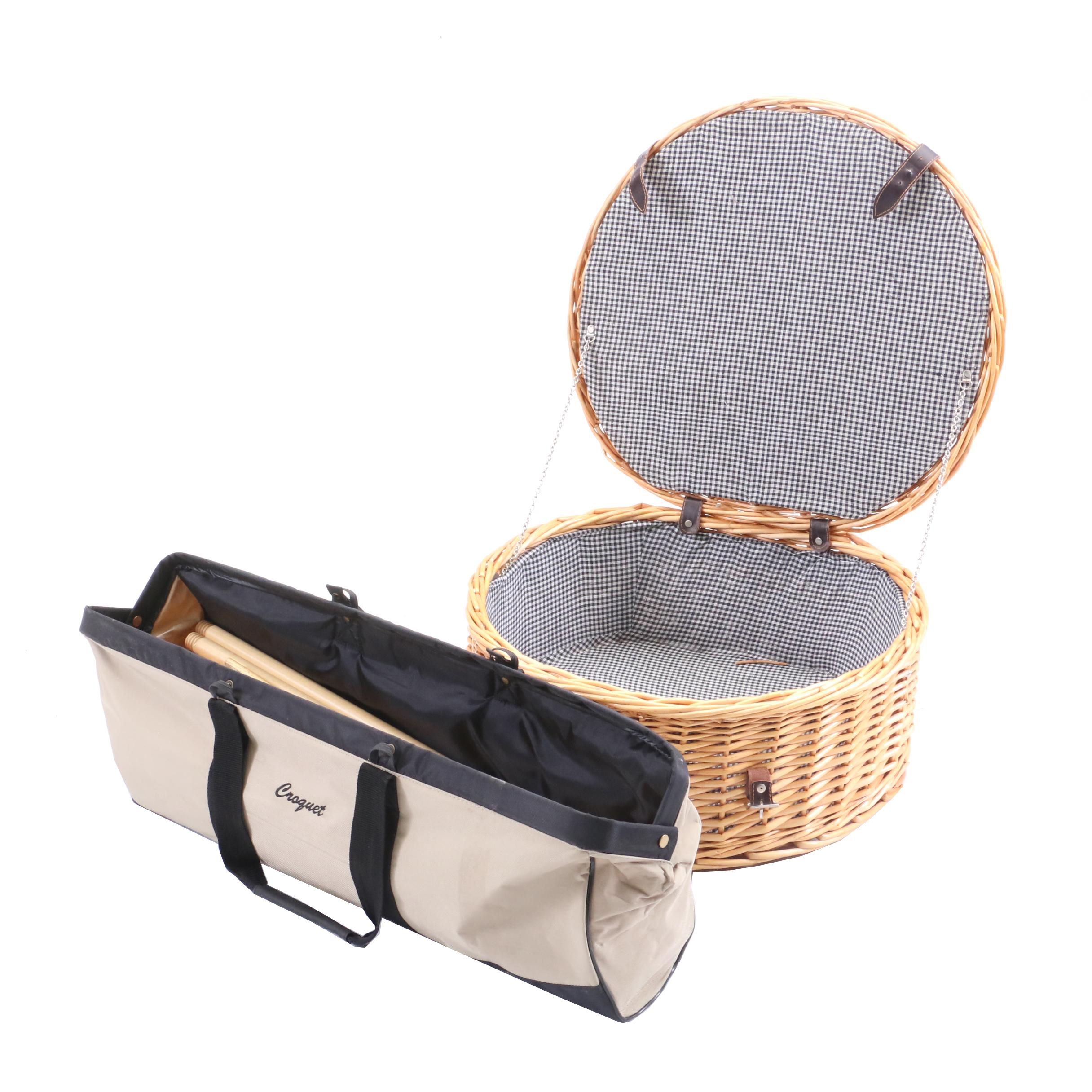 Wicker Picnic Hamper with Eddie Bauer Long Head Croquet Set in Storage Bag