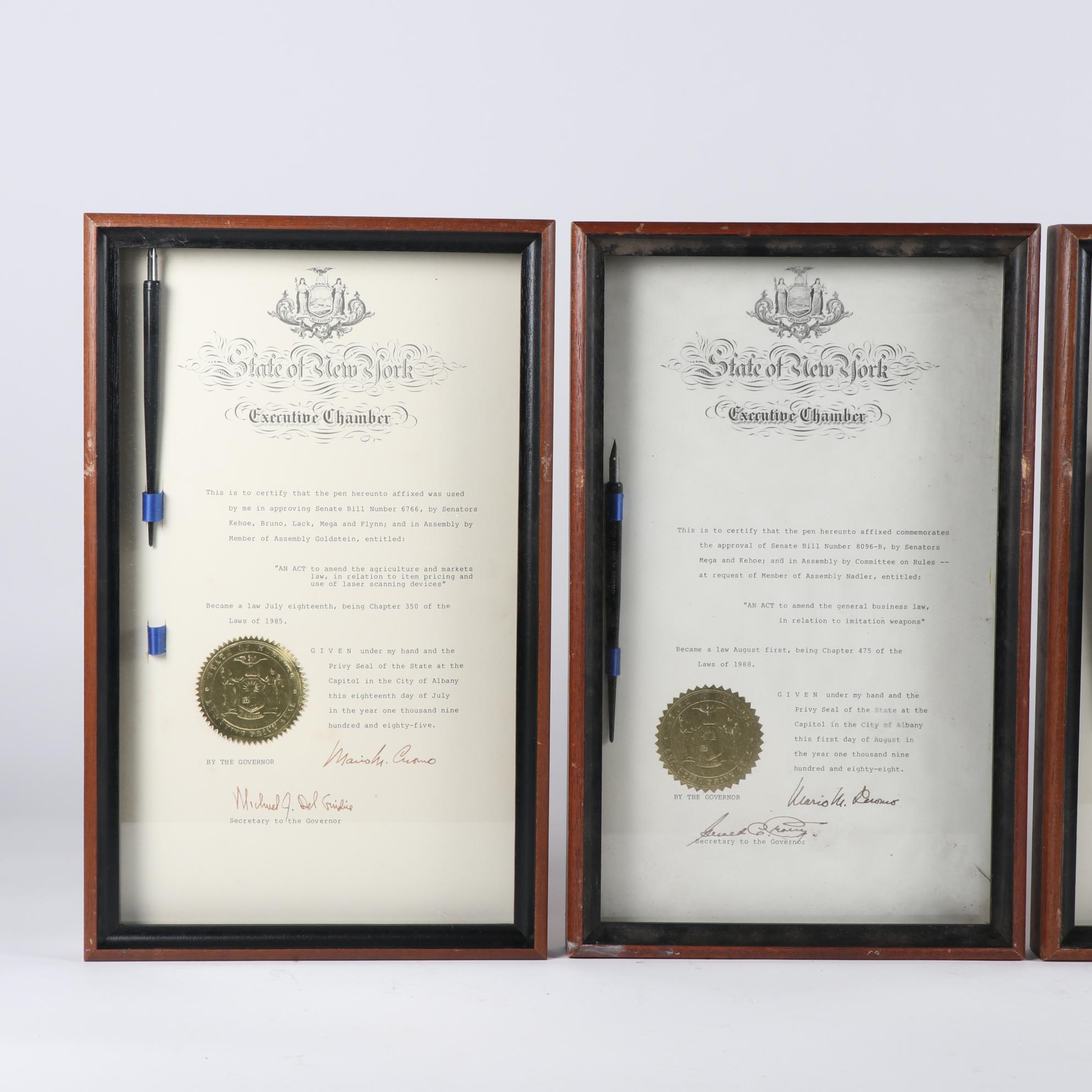 Framed New York Governor Mario Cuomo Signed Senate Documents with Pens