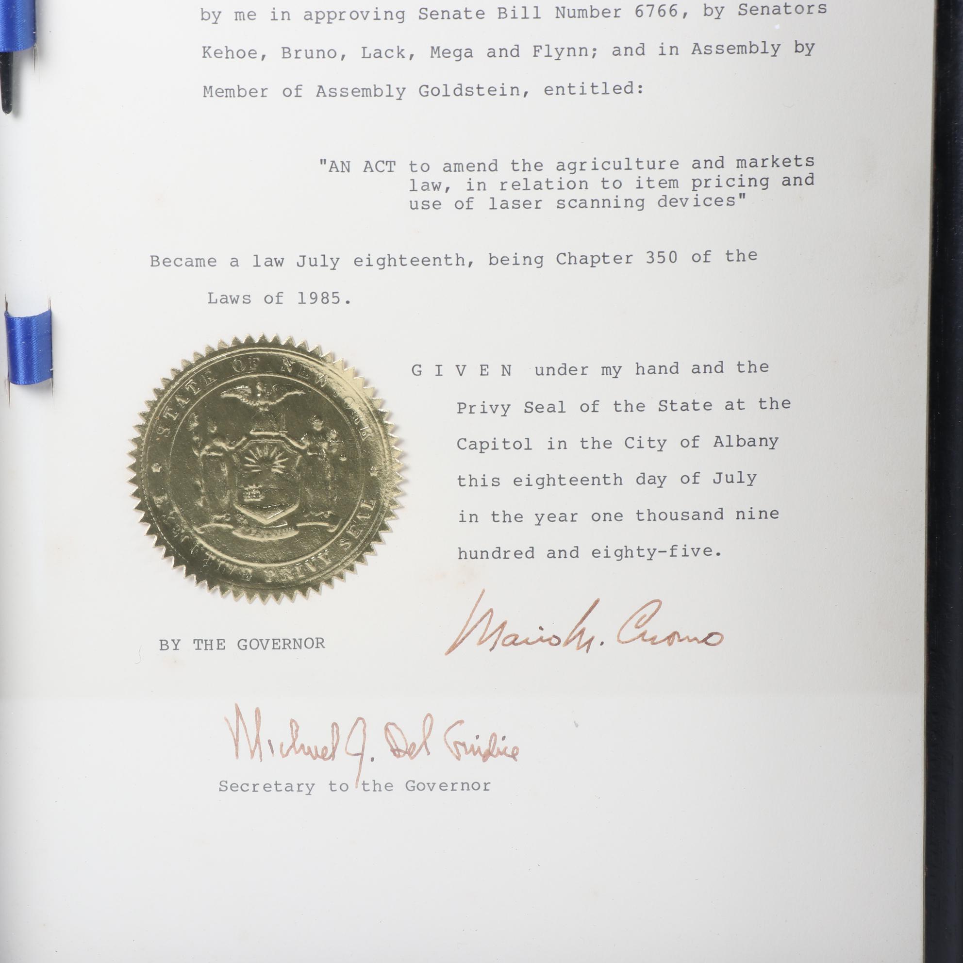 Framed New York Governor Mario Cuomo Signed Senate Documents with Pens