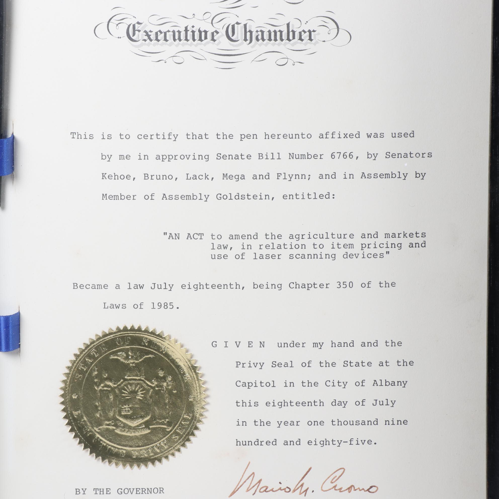 Framed New York Governor Mario Cuomo Signed Senate Documents with Pens